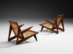 French Mid-Century Angular Lounge Chairs in Teak and Cane