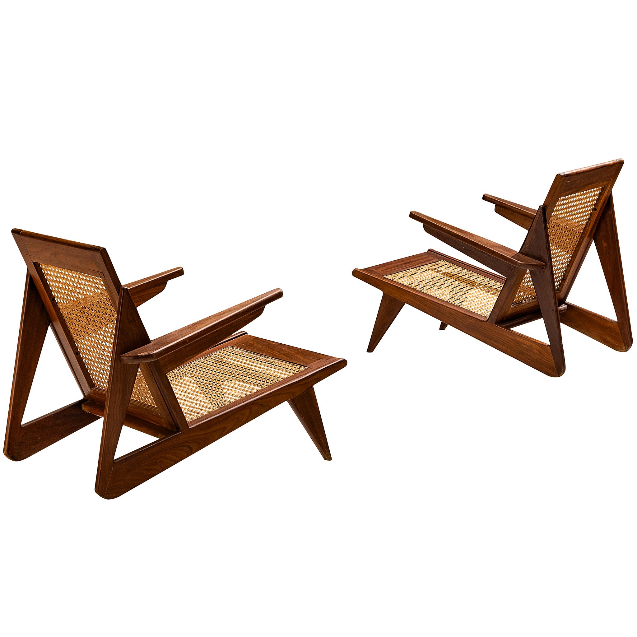 French Mid-Century Angular Lounge Chairs in Teak and Cane