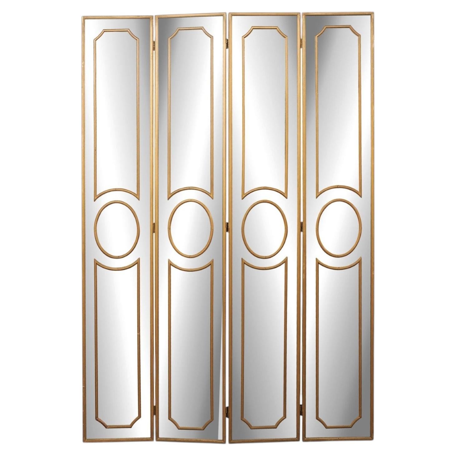 French Mid-Century Antiqued Glass Folding Screen