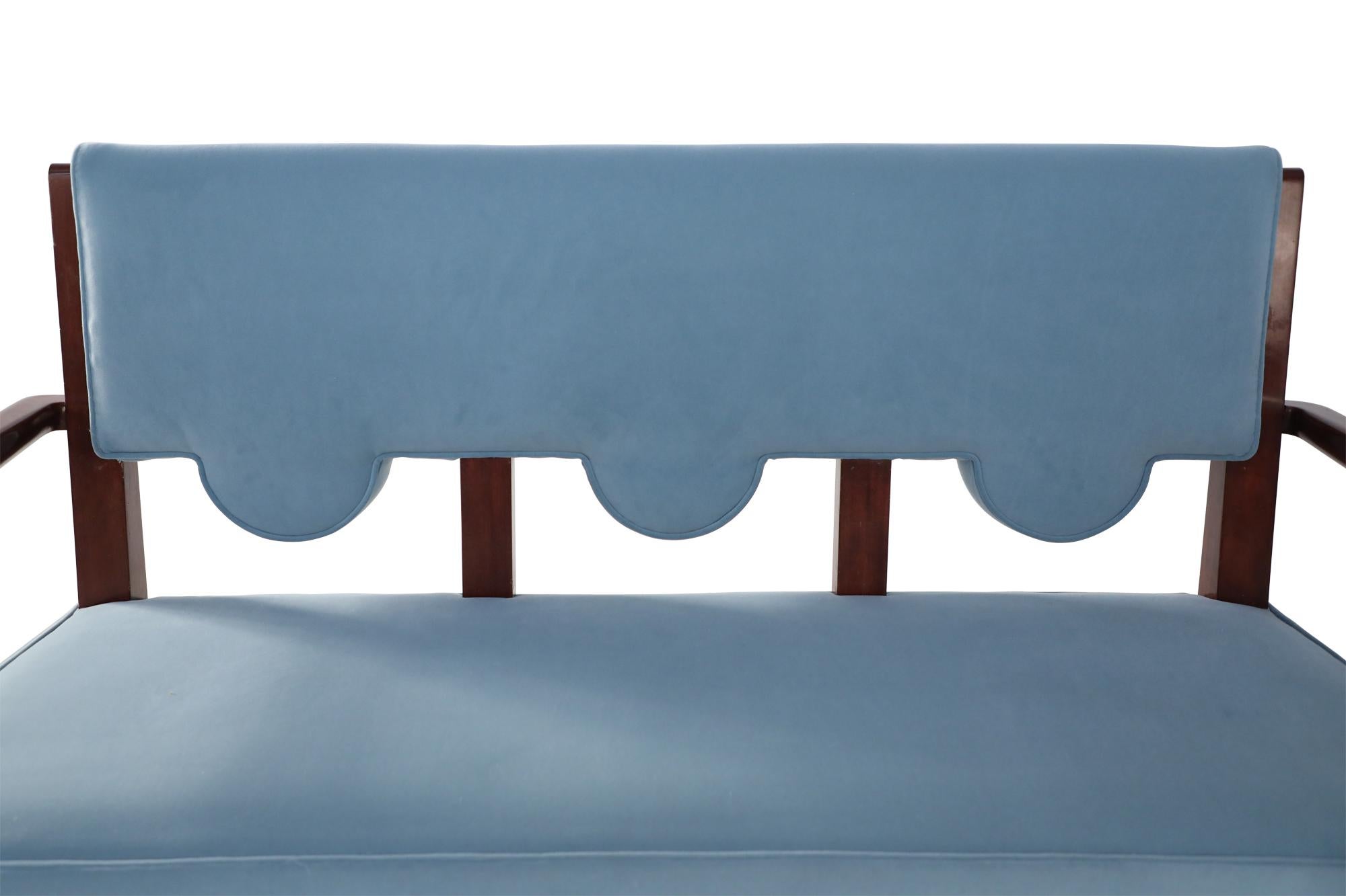 French Mid-Century Arbus Style Light Blue Velvet Upholstered Loveseat Teak Frame 6
