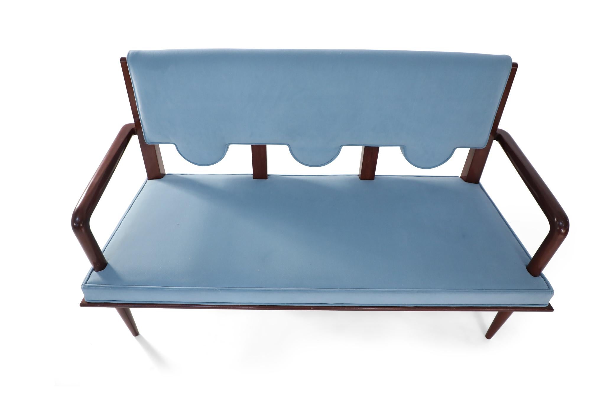 French Mid-Century Arbus Style Light Blue Velvet Upholstered Loveseat Teak Frame 7