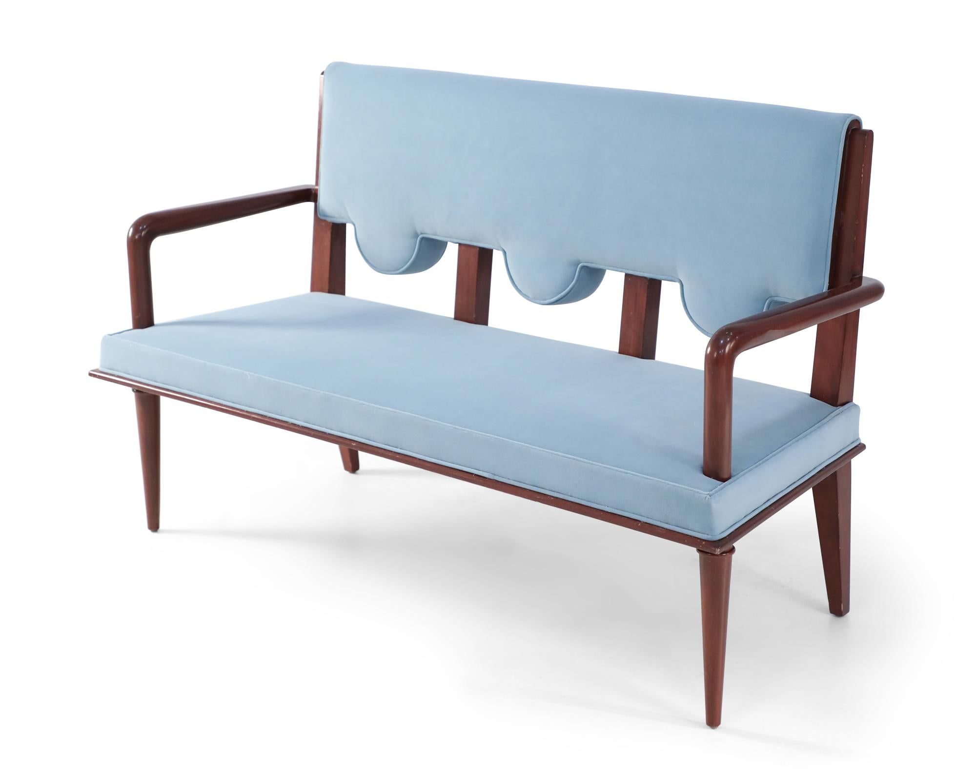 French mid-century style loveseat with teak wood frame and light blue velvet Knoll upholstery (in the manner of Andre Arbus).