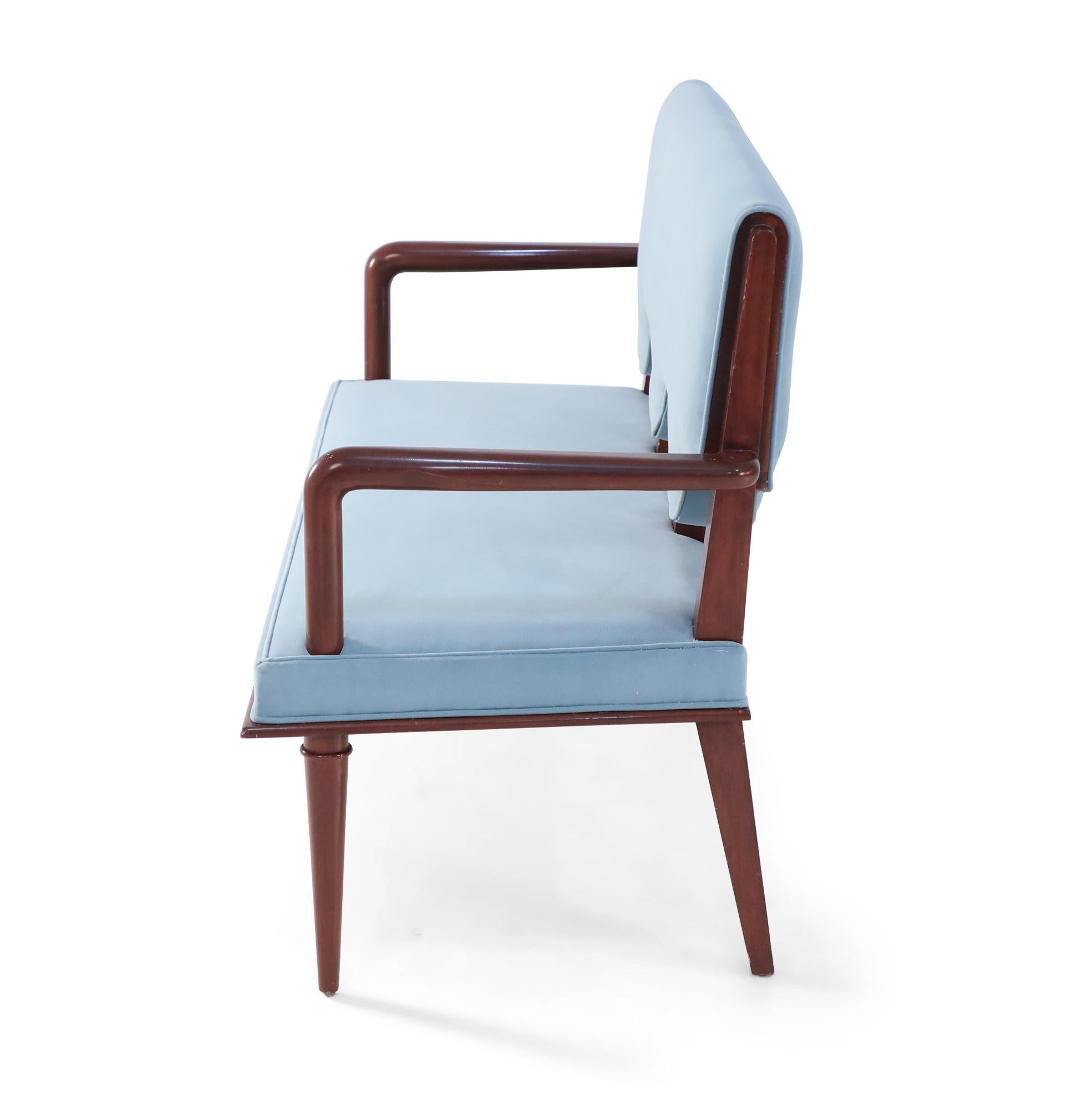 Mid-Century Modern French Mid-Century Arbus Style Light Blue Velvet Upholstered Loveseat Teak Frame