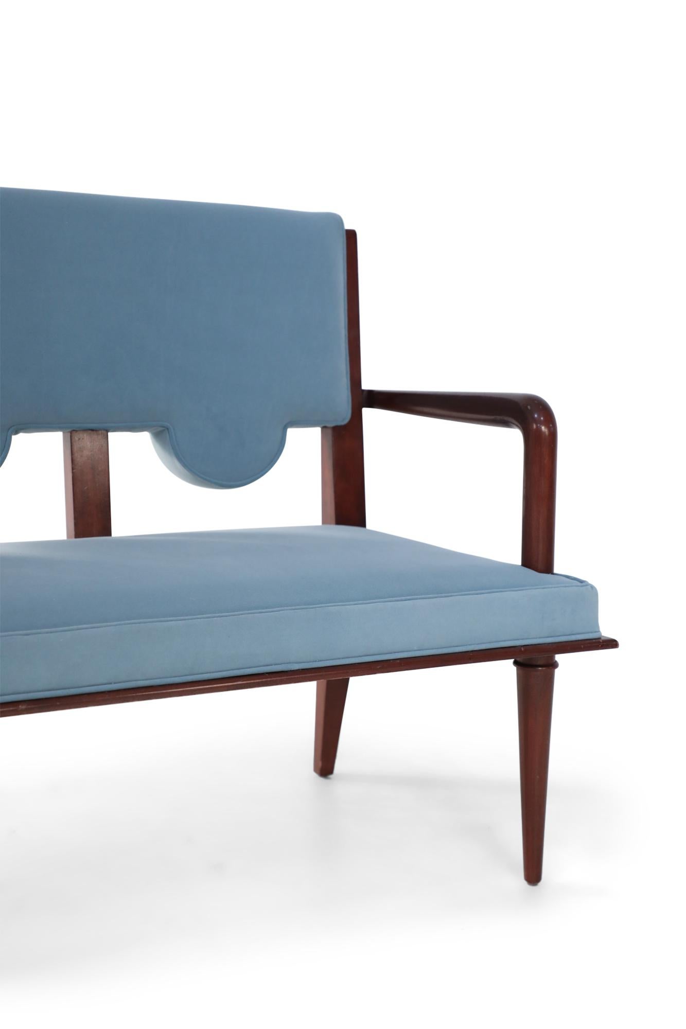 French Mid-Century Arbus Style Light Blue Velvet Upholstered Loveseat Teak Frame 4