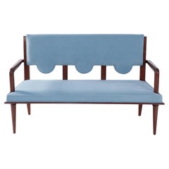 French Mid-Century Arbus Style Light Blue Velvet Upholstered Loveseat Teak Frame