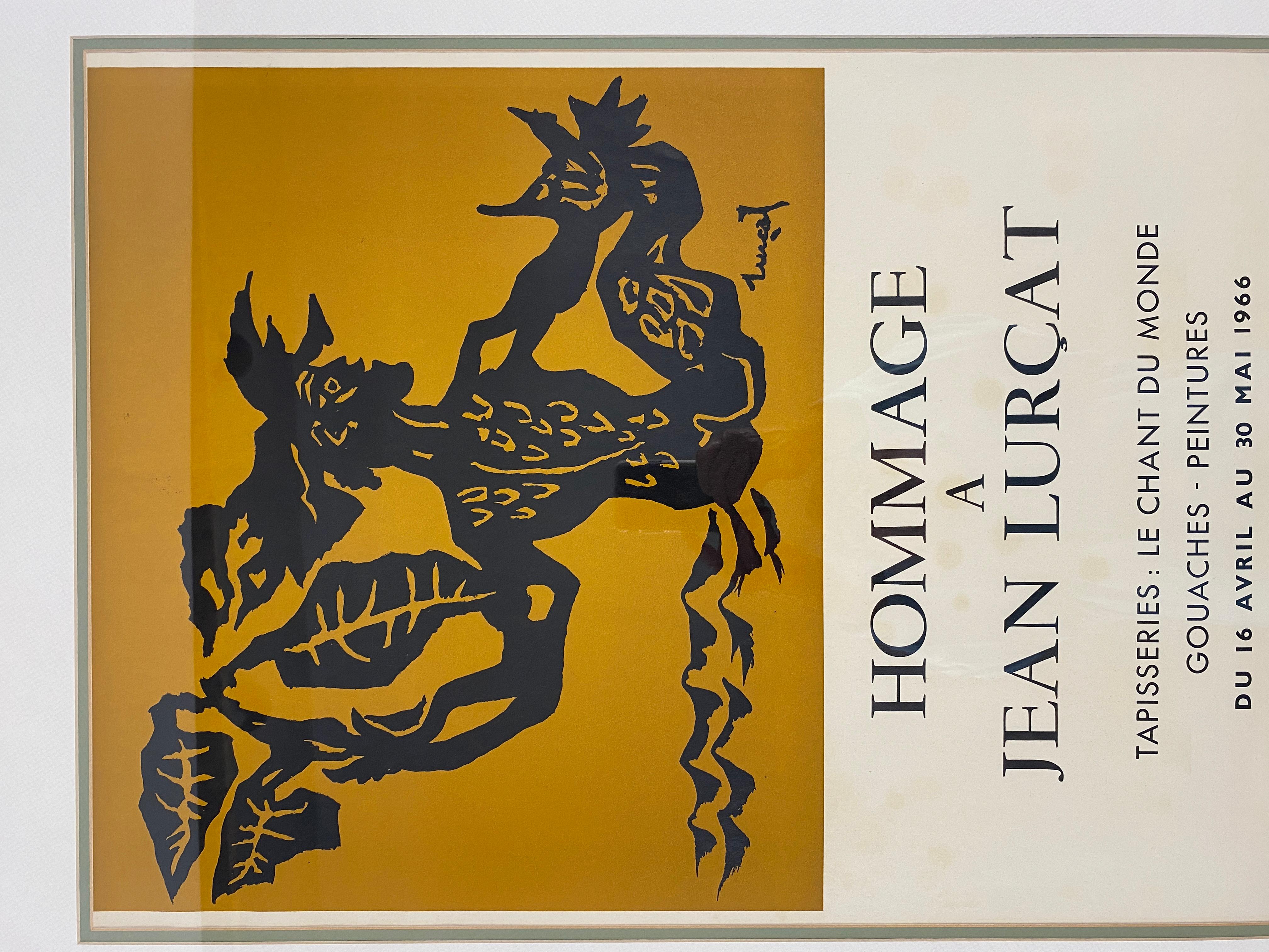 Large French mid-century poster paying tribute to Jean Lurçat. 

This stylish decorative art poster honors one of the most important French artists of contemporary paintings, ceramics and tapestry designs of the 20th Century. As illustrated in the