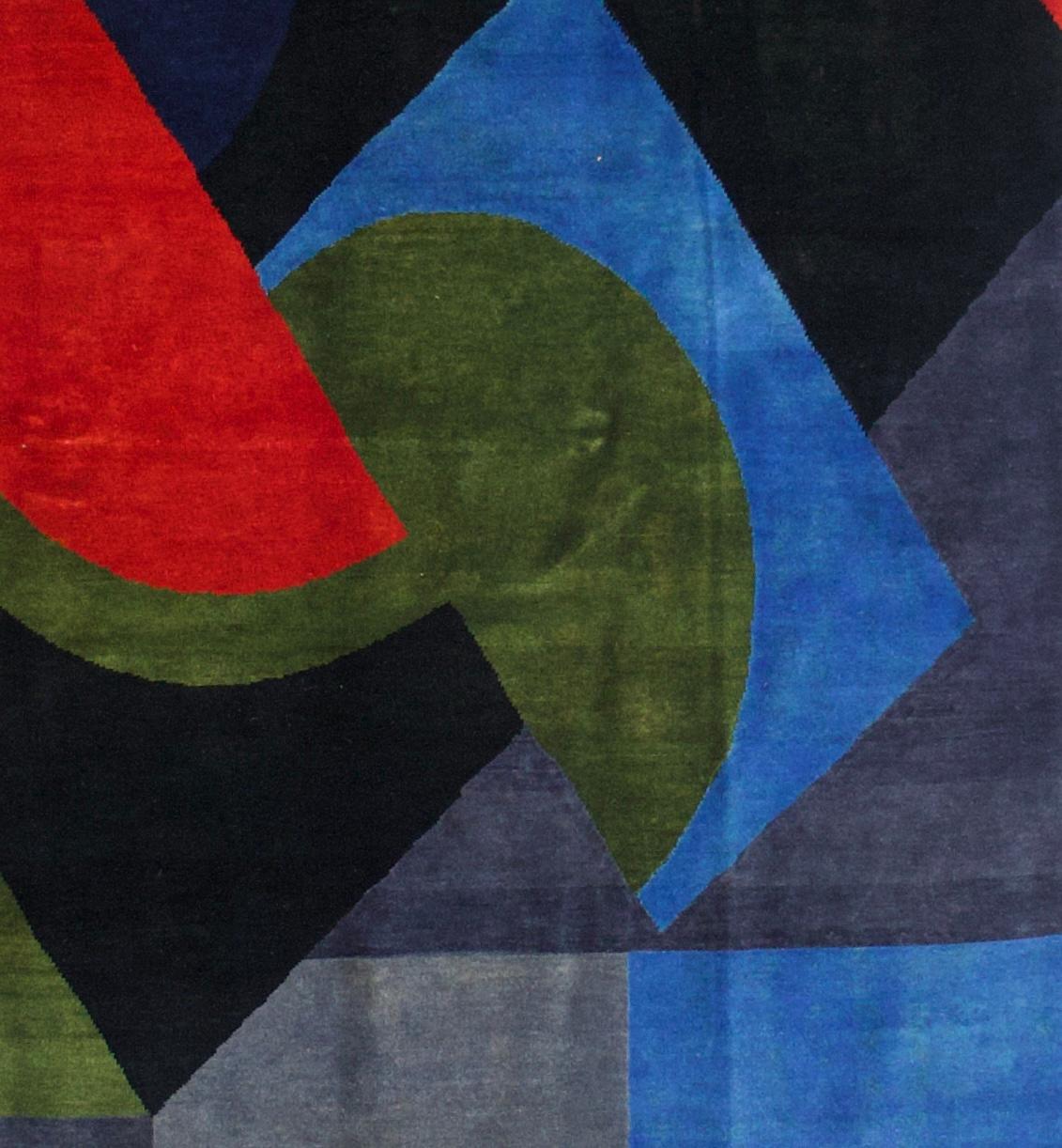 Wool French Mid Century Artistic Rug. Sonia Delaunay Design 4'11
