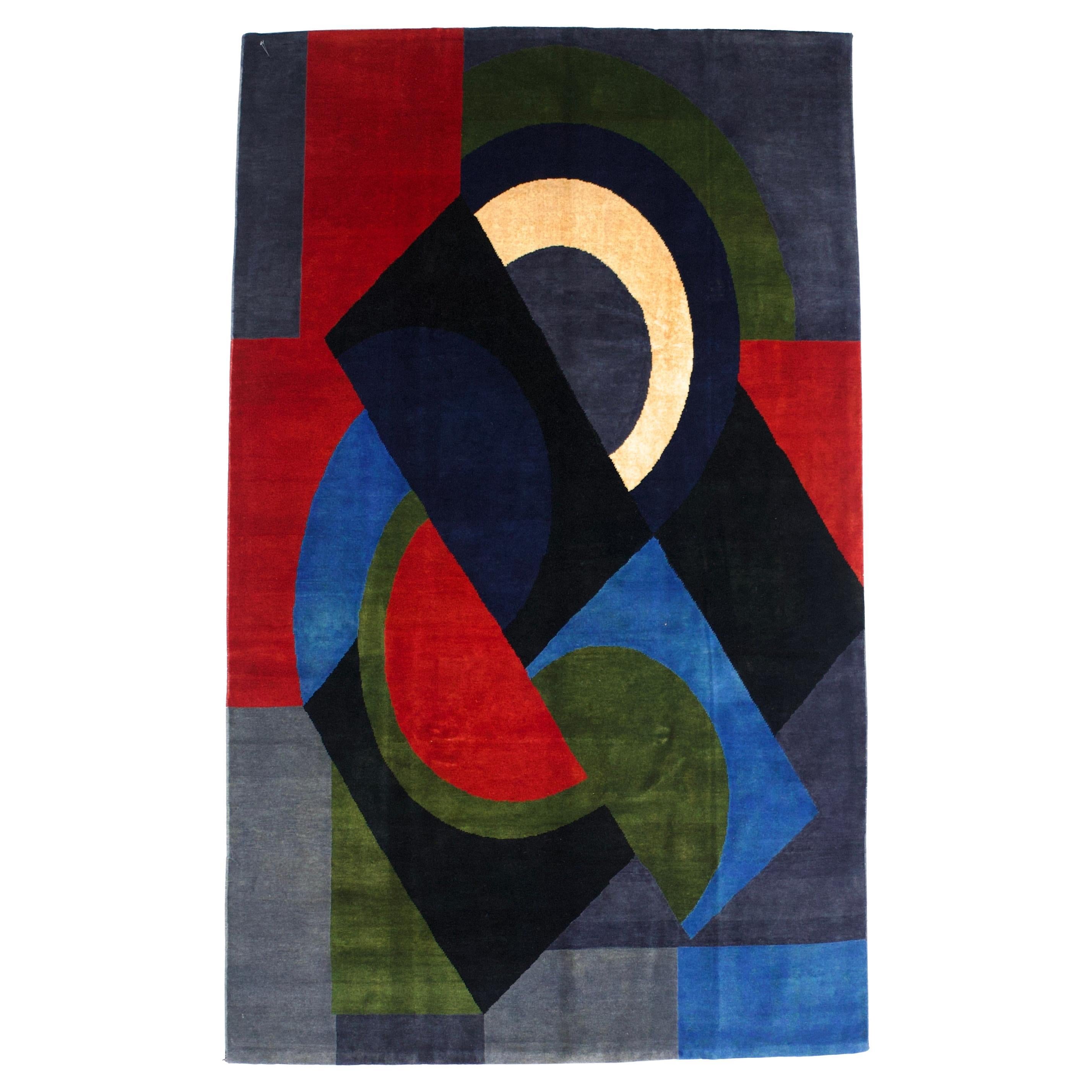 Alfombra artística francesa de mediados de siglo. Diseño de Sonia Delaunay 4'11" x 8'2" (4'11" x 8'2")