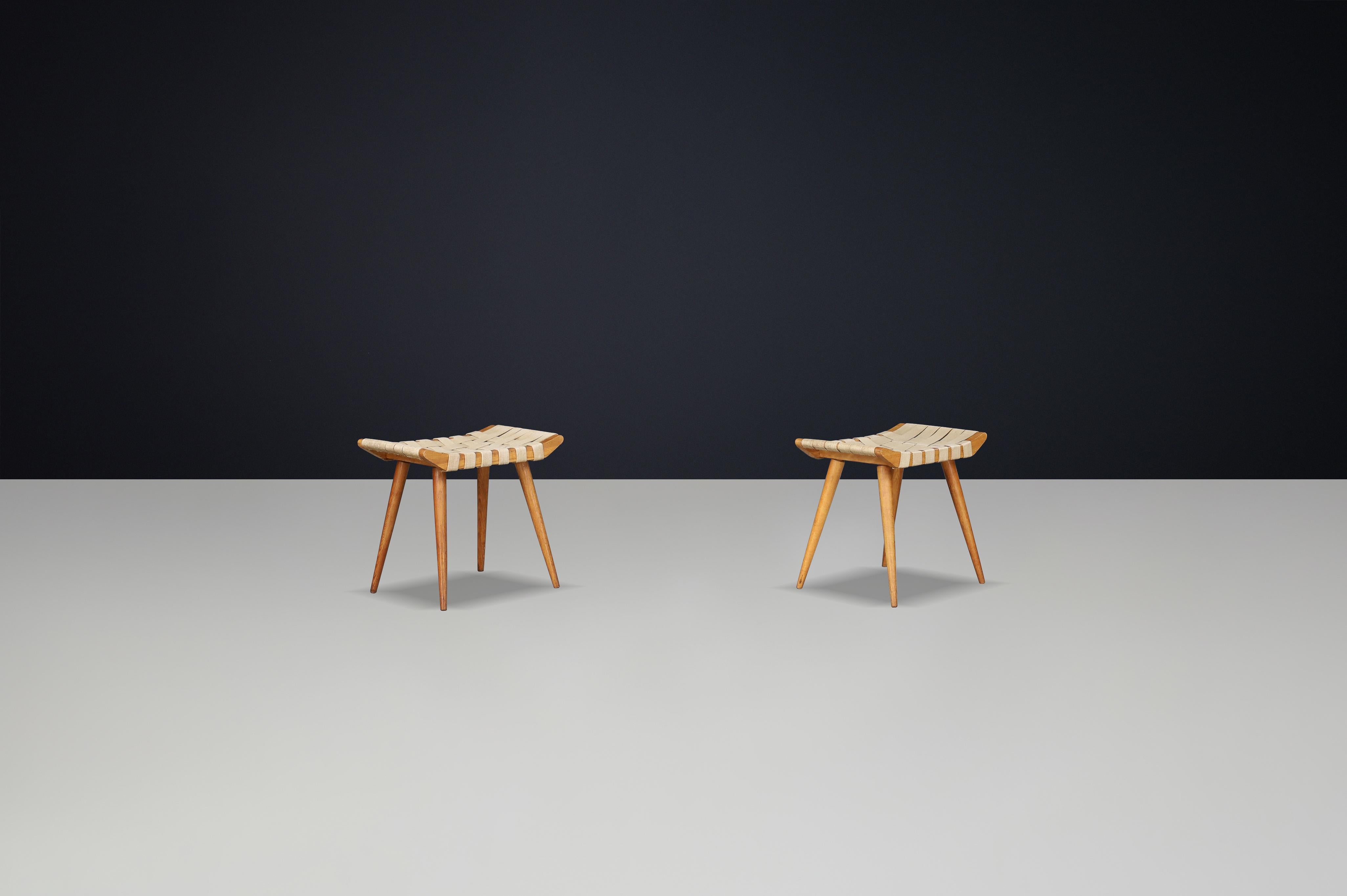 French Mid-Century Ash Stool with Original Canvas Webbing, 1950s — 3 Available For Sale 5