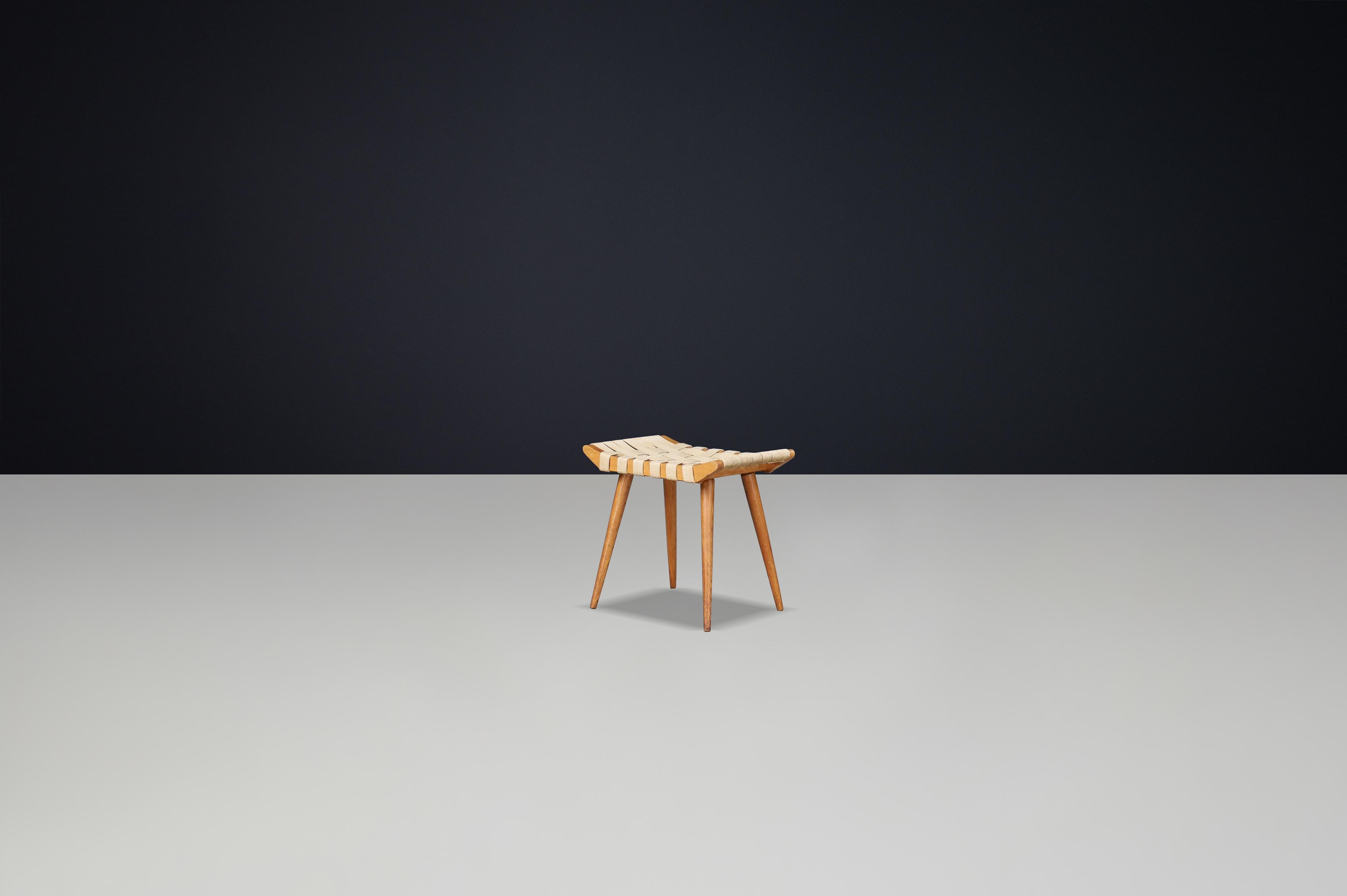 Mid-Century Modern French Mid-Century Ash Stool with Original Canvas Webbing, 1950s — 3 Available For Sale