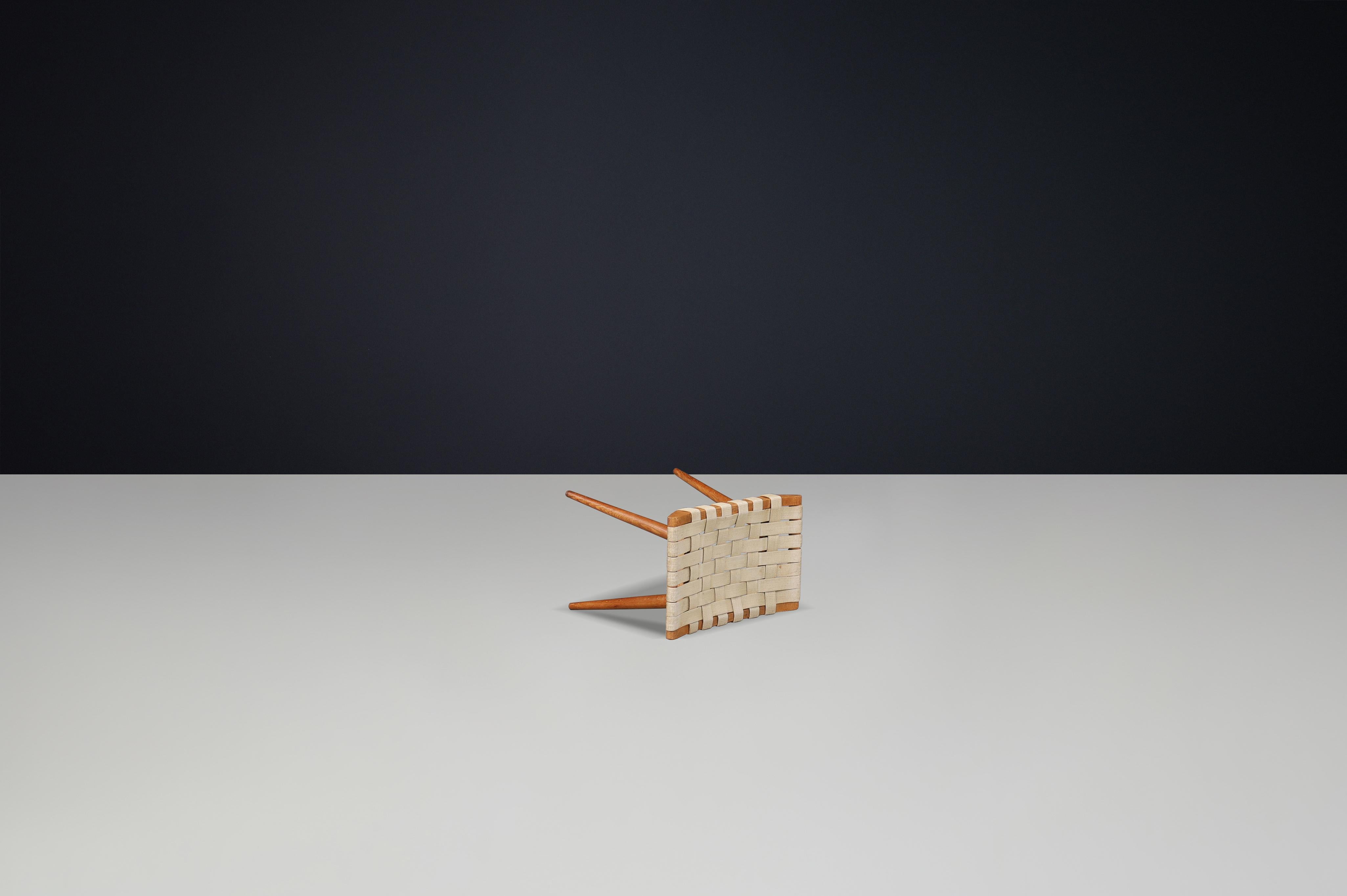 French Mid-Century Ash Stool with Original Canvas Webbing, 1950s — 3 Available In Good Condition For Sale In Almelo, NL
