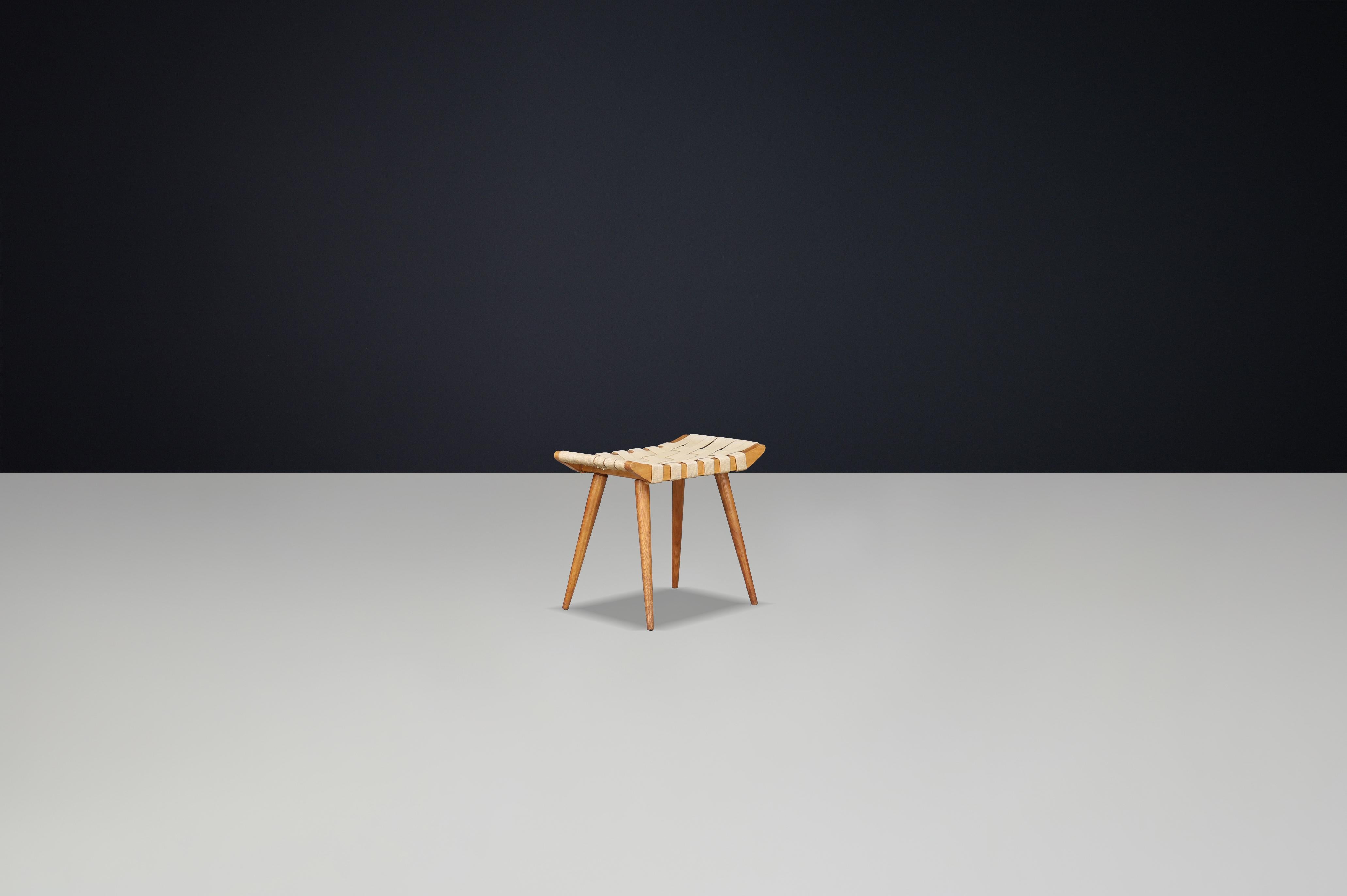 20th Century French Mid-Century Ash Stool with Original Canvas Webbing, 1950s — 3 Available For Sale