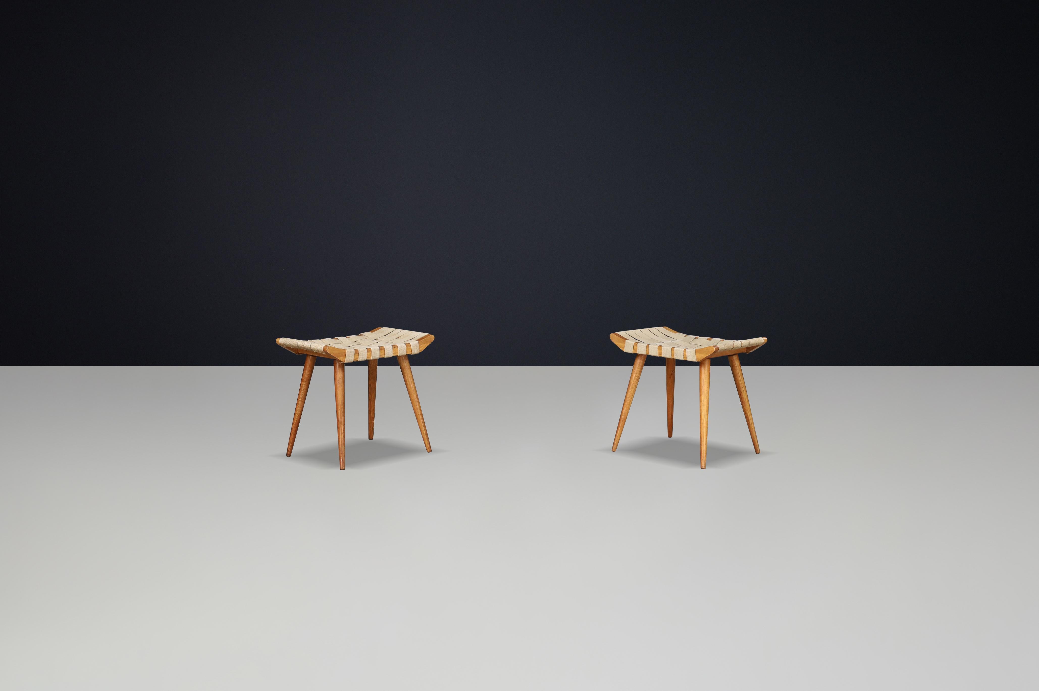 French Mid-Century Ash Stool with Original Canvas Webbing, 1950s — 3 Available For Sale 4