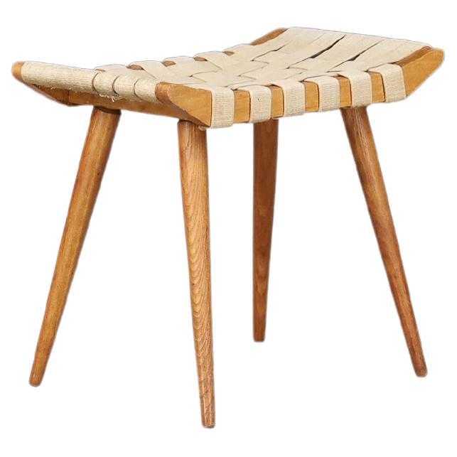 French Mid-Century Ash Stool with Original Canvas Webbing, 1950s — 3 Available For Sale