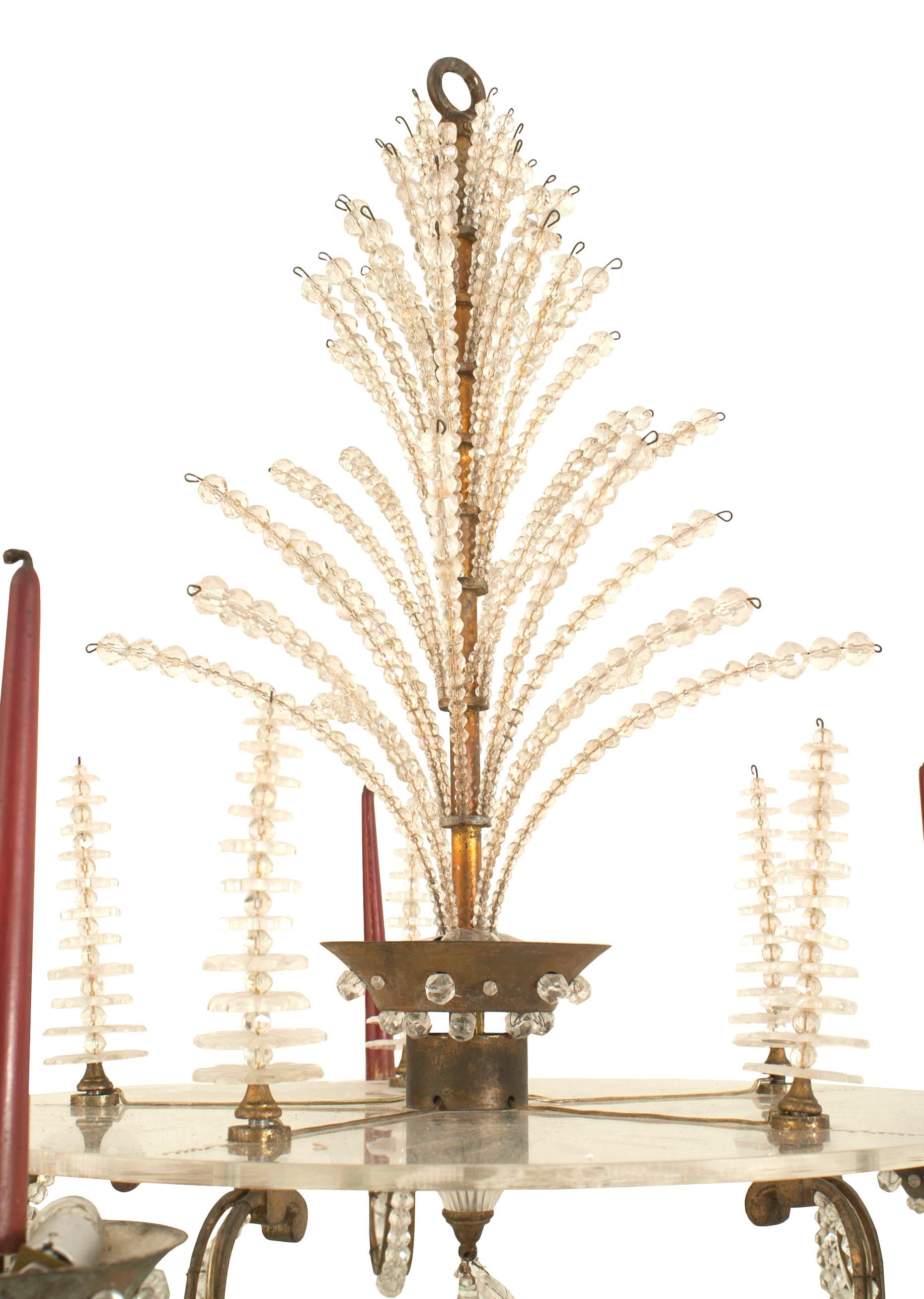 French 1940s oxidize bronze chandelier with 5 scroll arms trimmed with glass beads emanating from a Lucite ribbon and wheat design disc holding tiered finals & a beaded spray. (Attributed to Baguès).