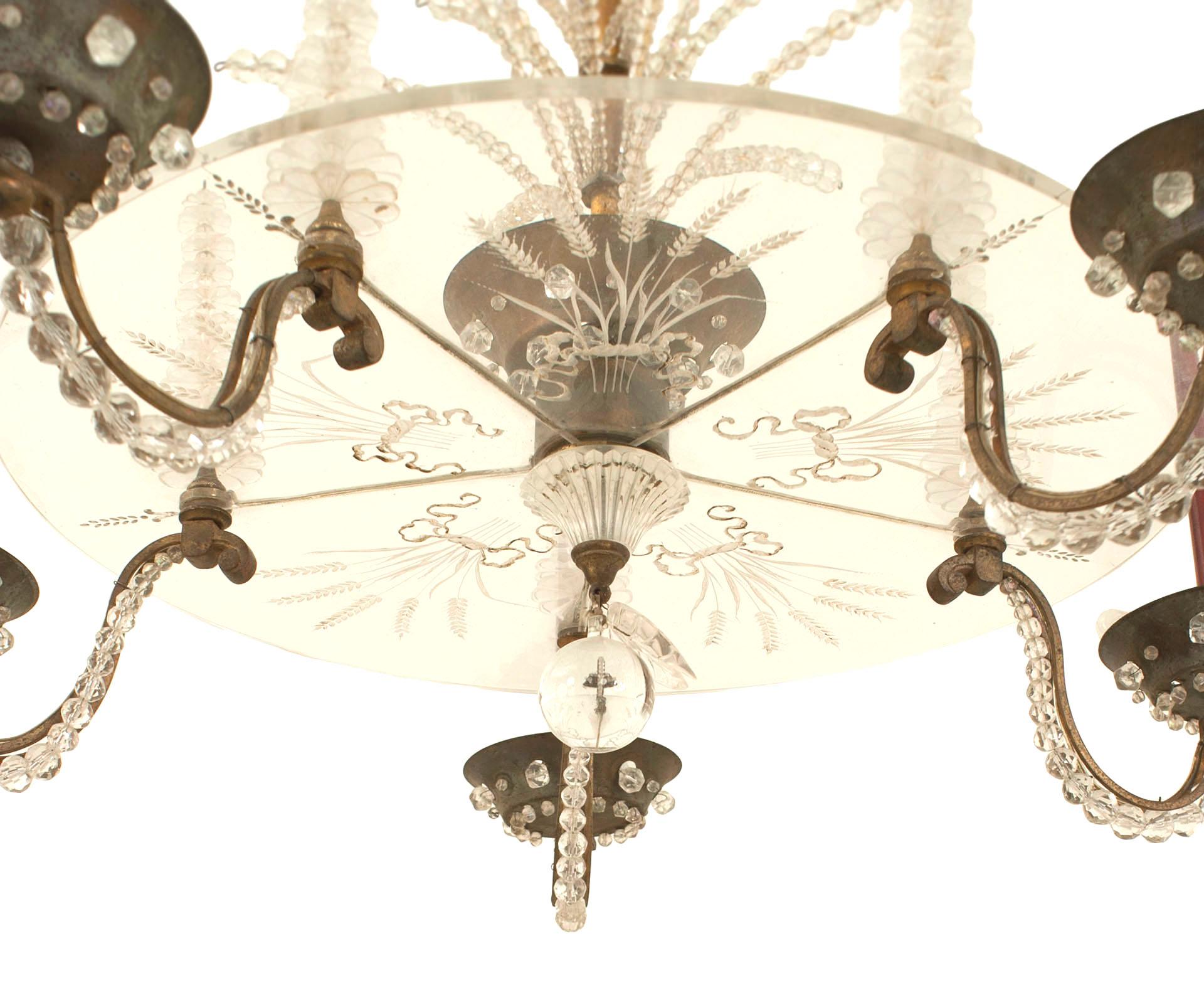 20th Century French Mid-Century Attributed to Baguès Bronze and Glass Chandelier For Sale