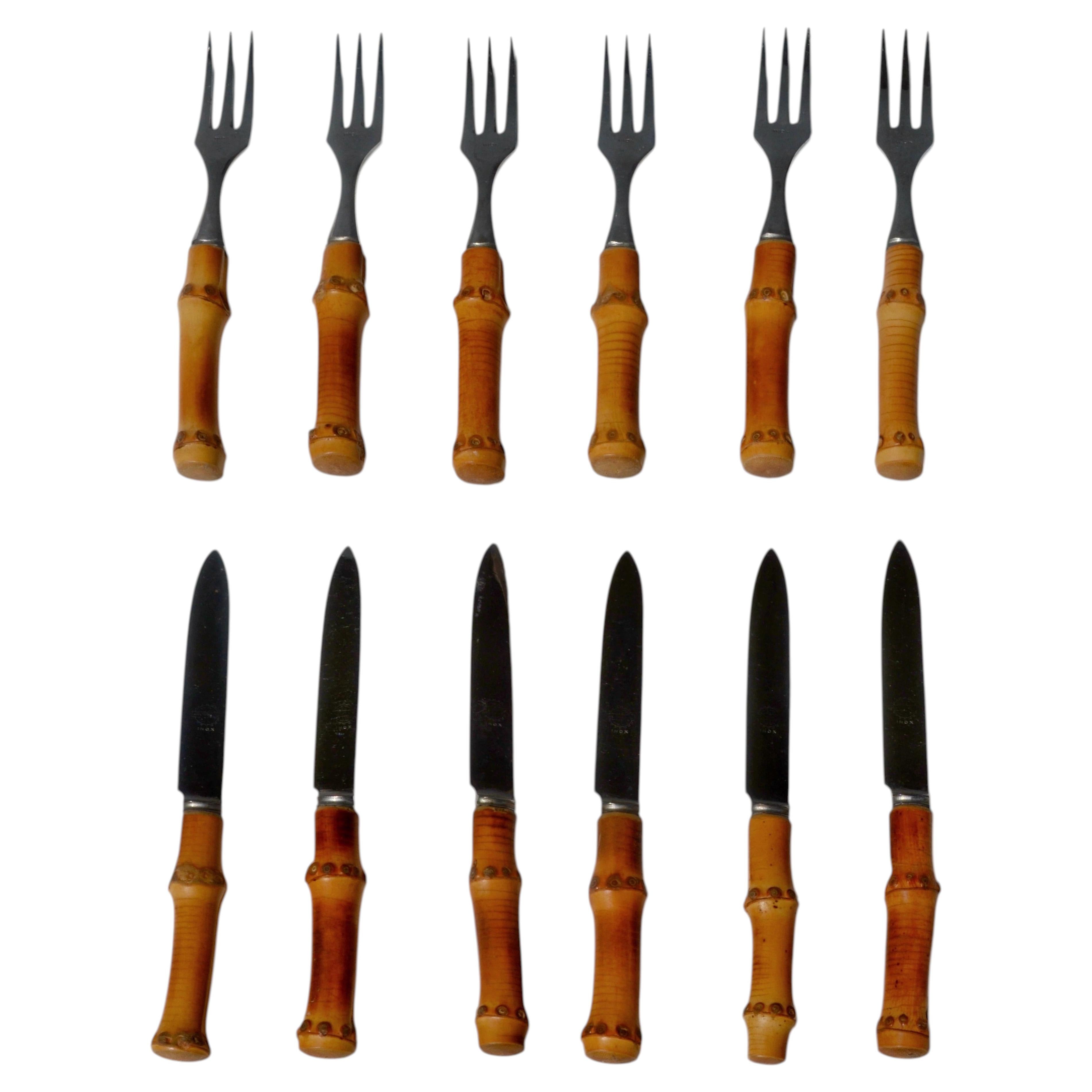 French Mid-Century Bamboo-Handled Cake Service Set, 12 Pieces, 1950s