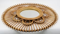 French Mid-Century Bamboo & Rattan Flower Wall Mirror, 1950s