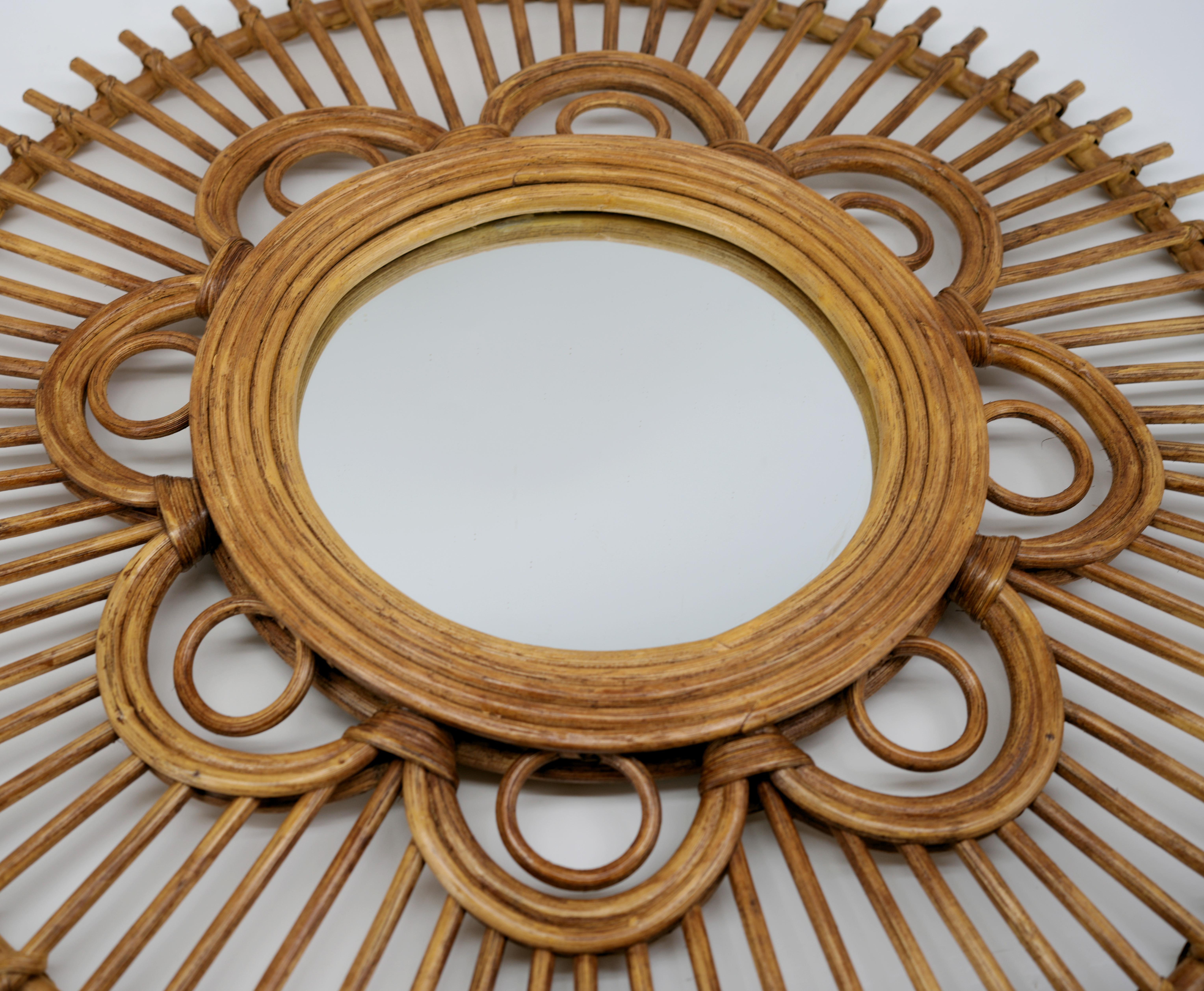 Mid-Century Modern French Mid-Century Bamboo & Rattan Flower Wall Mirror, 1950s  For Sale