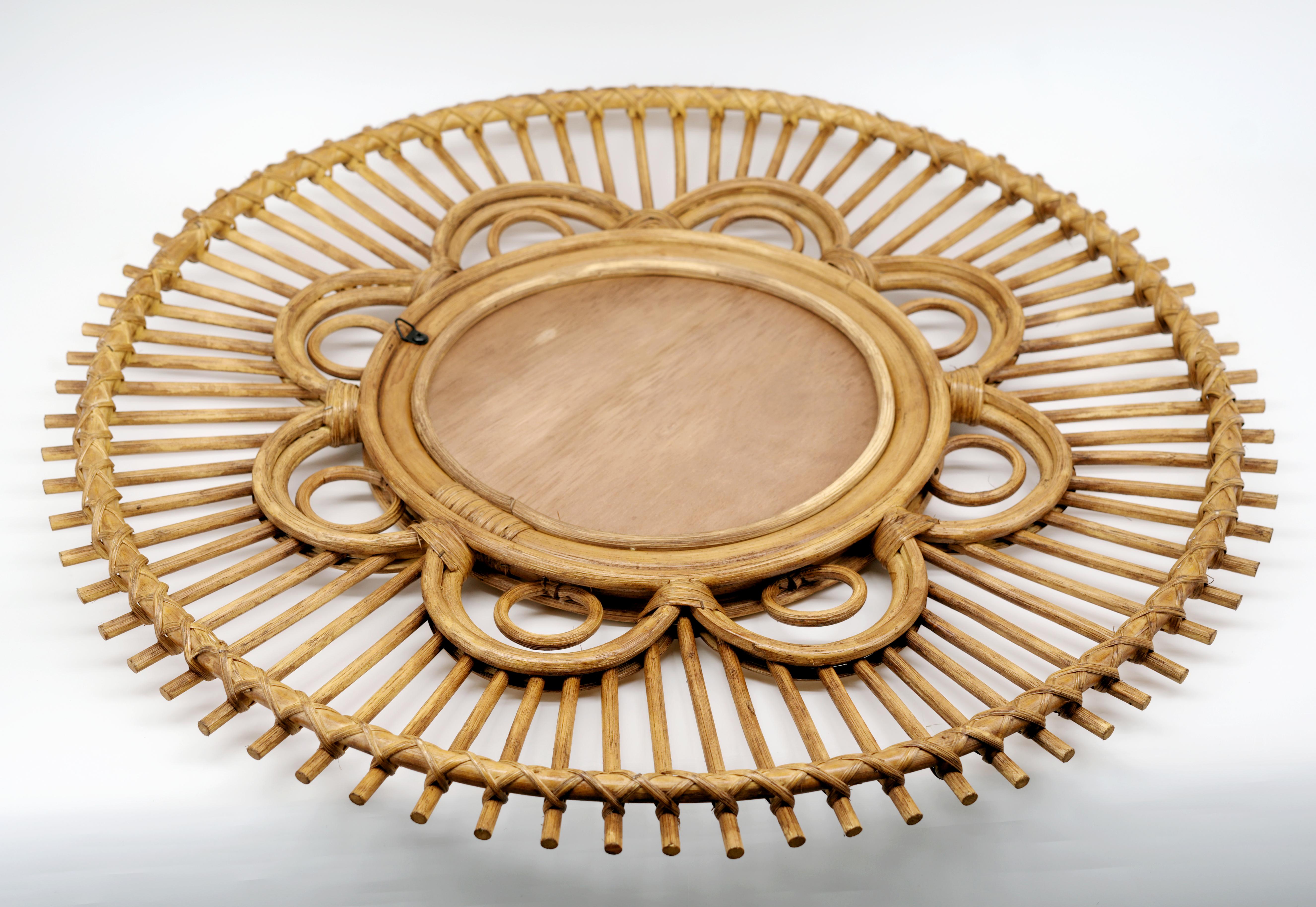 Mid-20th Century French Mid-Century Bamboo & Rattan Flower Wall Mirror, 1950s  For Sale