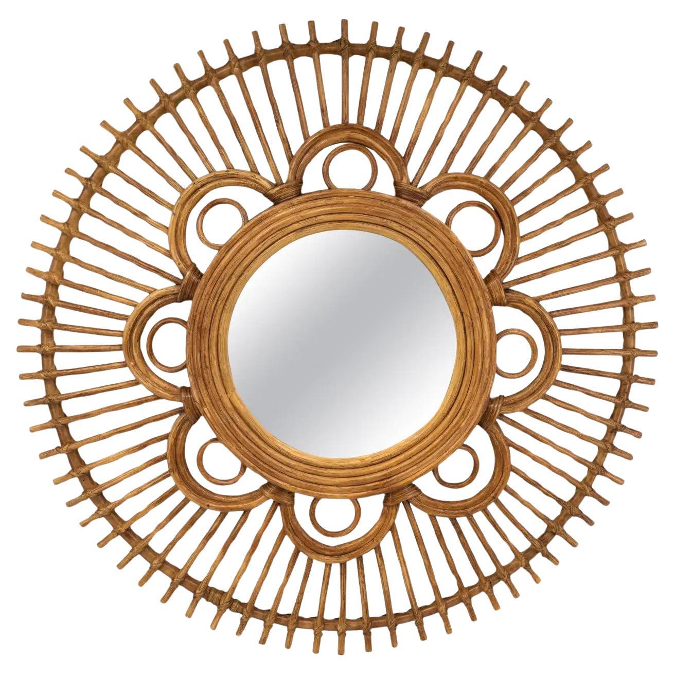French Mid-Century Bamboo & Rattan Flower Wall Mirror, 1950s  For Sale