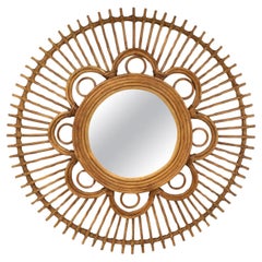 Used French Mid-Century Bamboo & Rattan Flower Wall Mirror, 1950s 