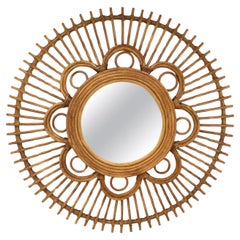 French Mid-Century Bamboo 
Rattan Flower Wall Mirror, 1950s