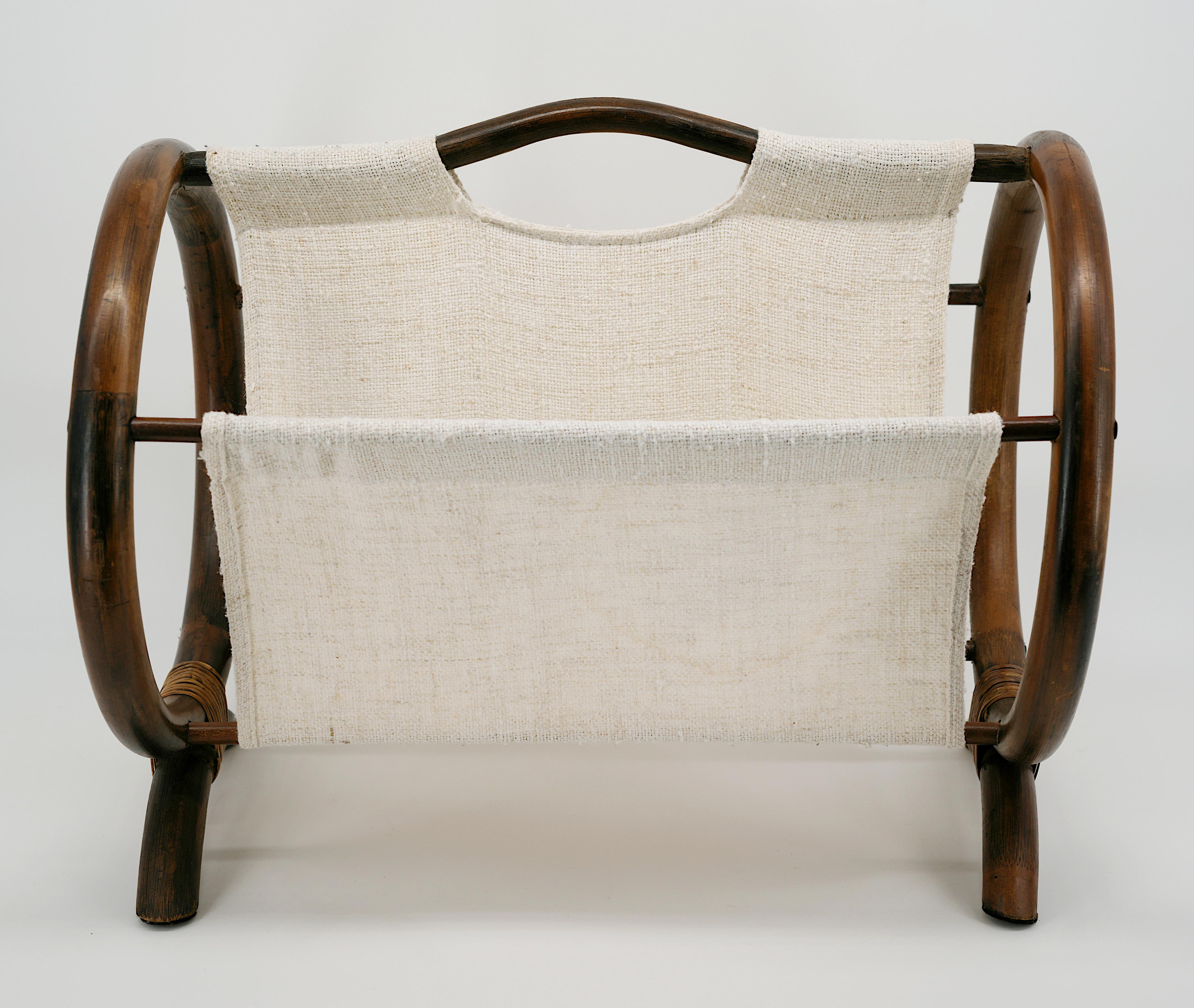 French mid-century bamboo and rattan magazine rack, France, 1960s. Bamboo, Rattan & Fabric. Height : 14.8