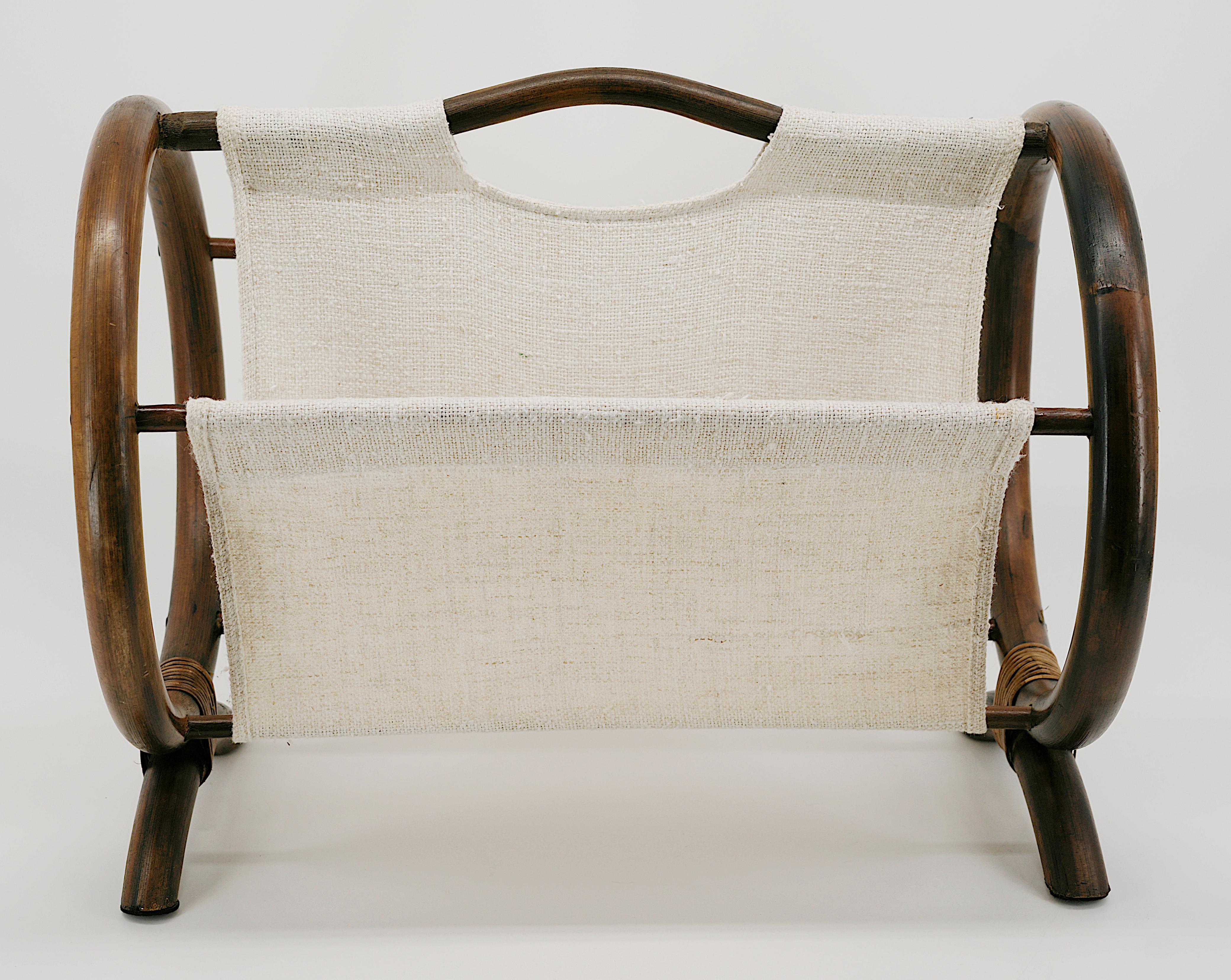 Fabric French Mid-Century Bamboo & Rattan Magazine Rack, 1960s For Sale