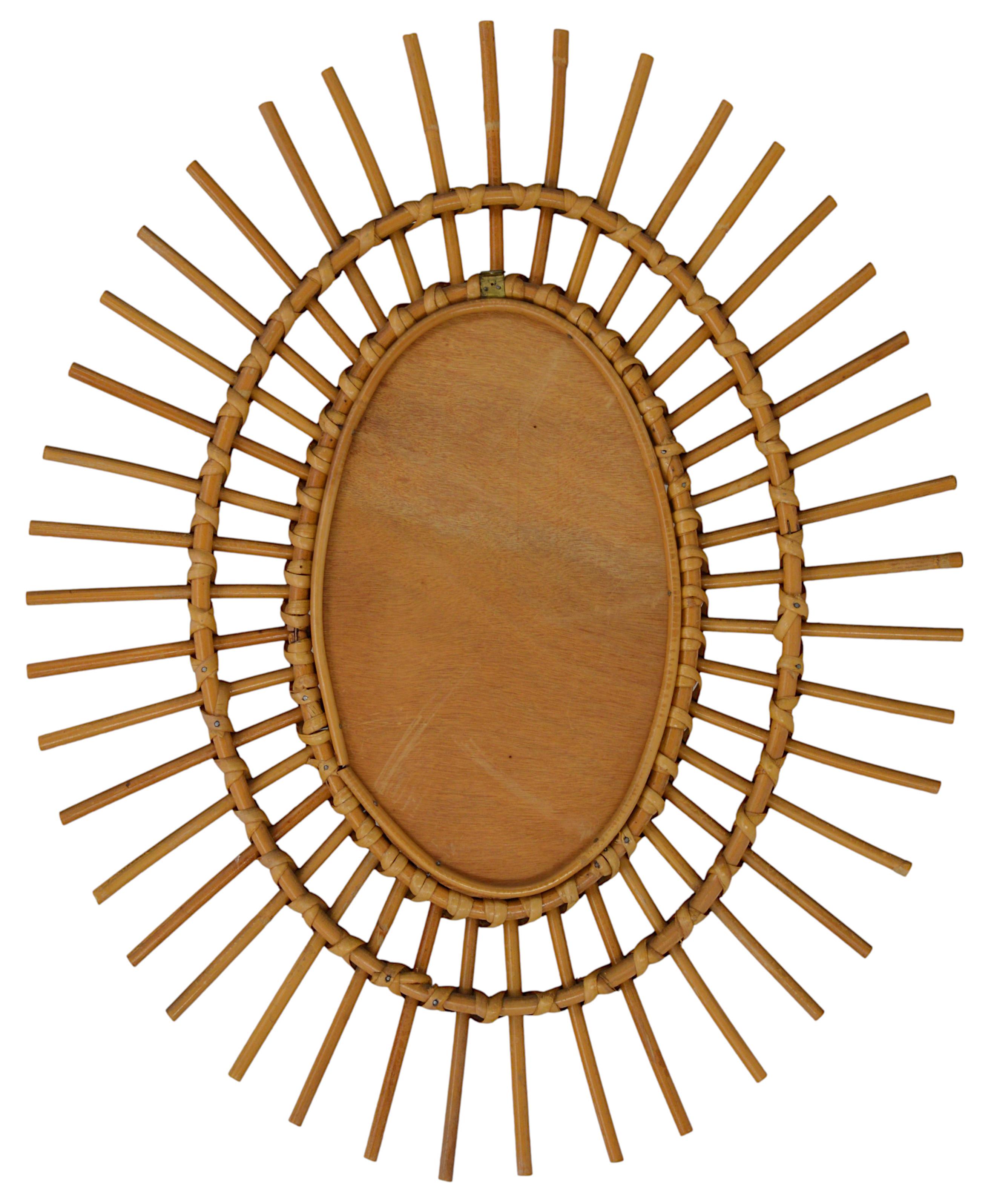 French Mid-Century Bamboo & Rattan Wall Mirror, 1950s In Good Condition In Saint-Amans-des-Cots, FR
