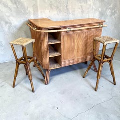 French Mid-Century Bamboo Tiki Bar With Pair Of Stools