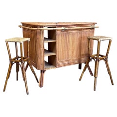 French Mid-Century Bamboo Tiki Bar With Pair Of Stools