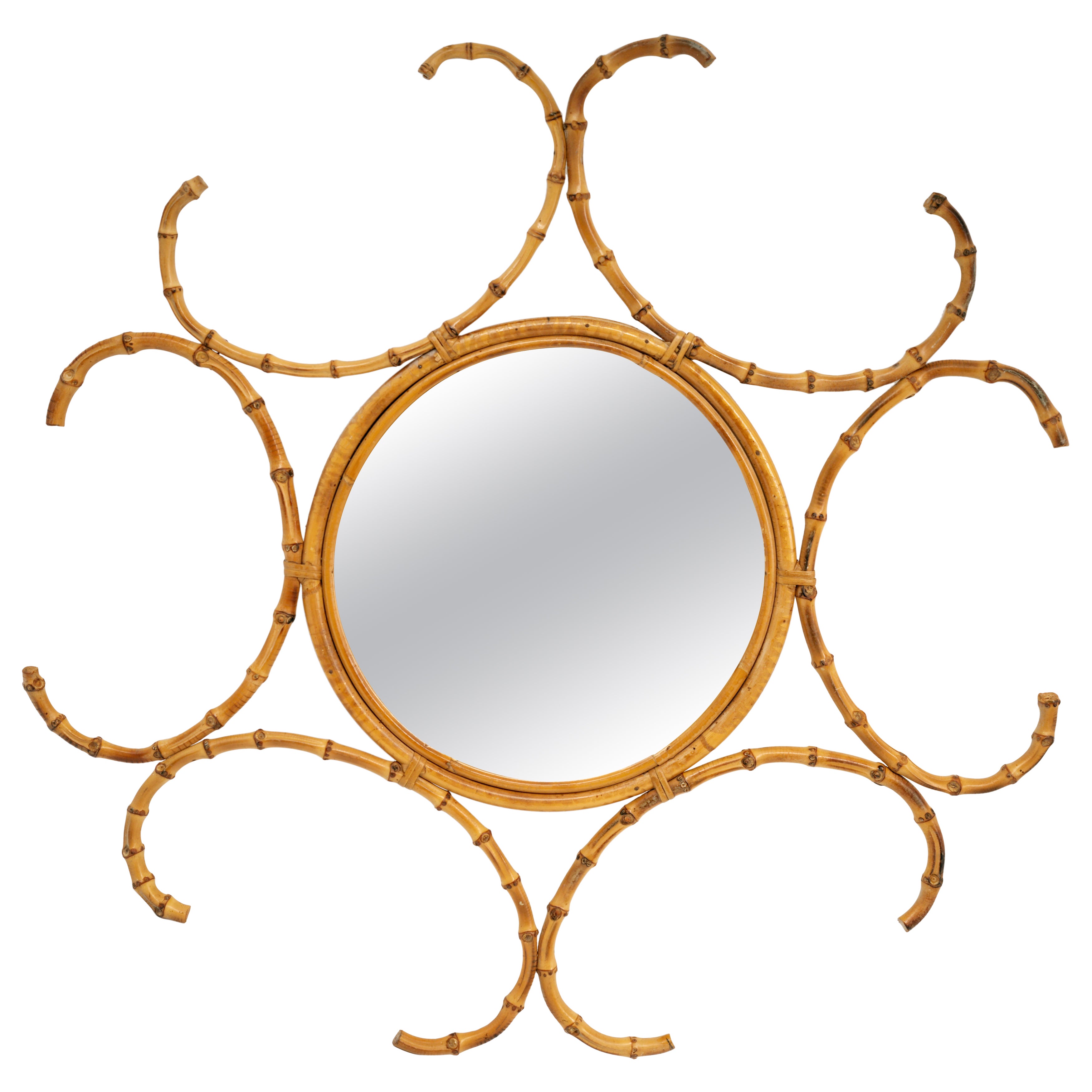 Specchio da parete in bambù francese del metà secolo 1950