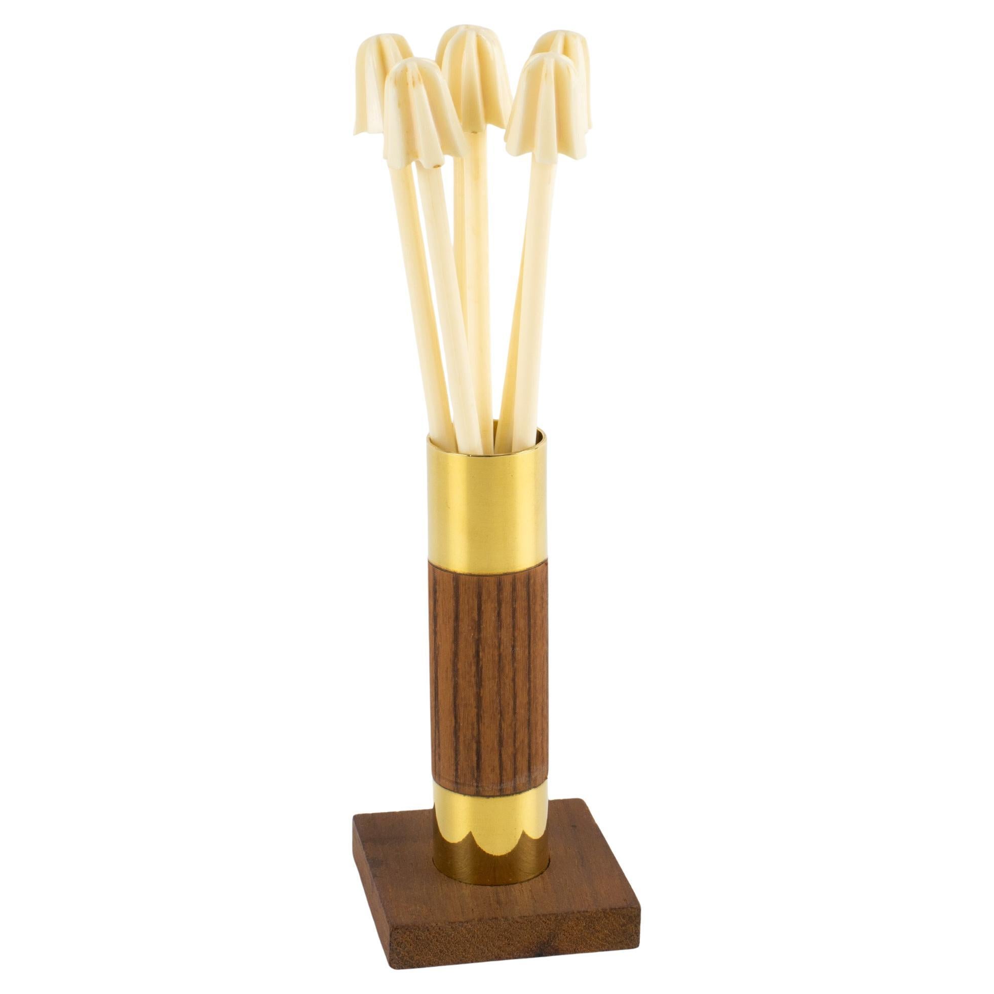 Französisch Mitte des Jahrhunderts Barware Holz und Messing Cocktail Rührer Set, um 1950