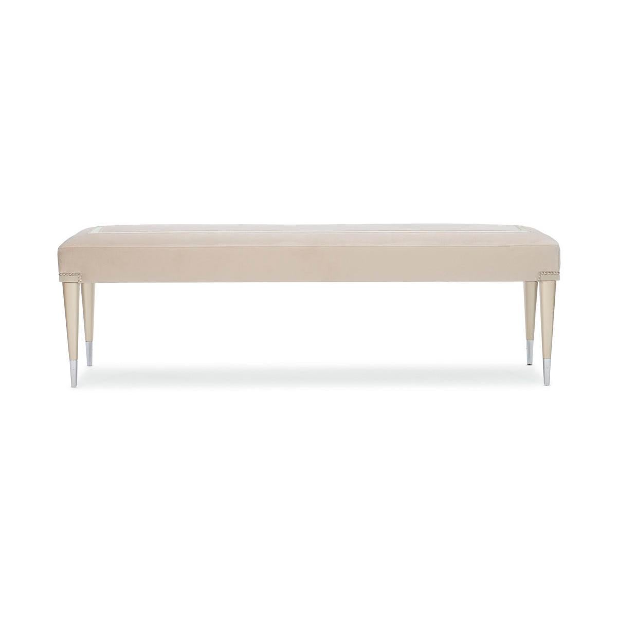 It’s easy to enhance any space with the addition of this finely tailored bench. Sumptuously upholstered with performance fabric, it features a Soft Silver Paint finish on its legs highlighted by metal ferrules in Stainless Steel. With classic lines