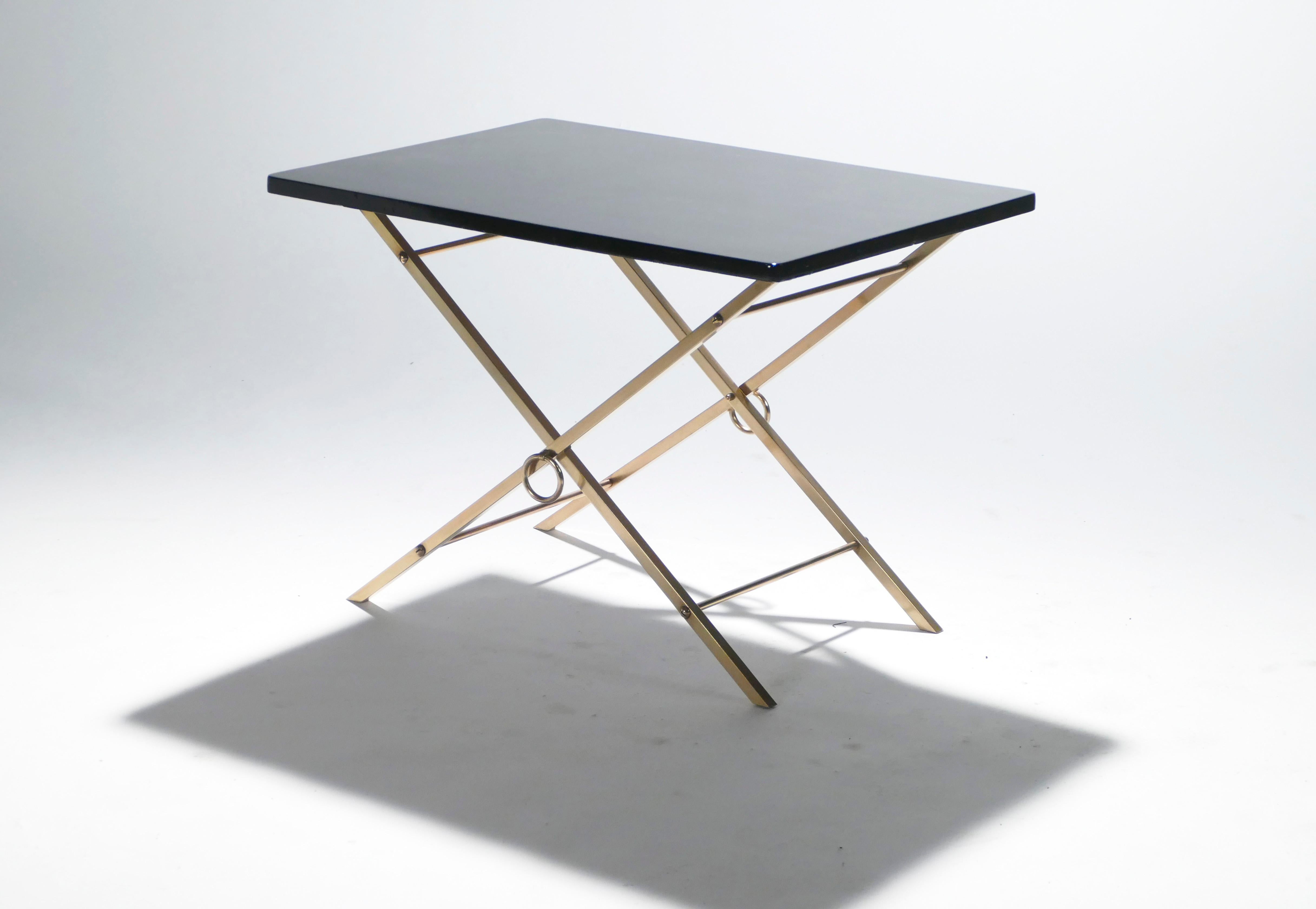 Mid-Century Modern French Midcentury Black Lacquer and Brass Side Table Adnet Style, 1960s