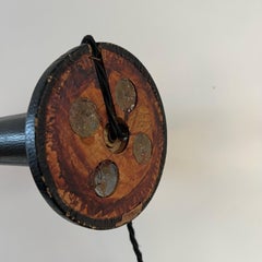 French Mid-Century Black Leather and Brass Table Lamp