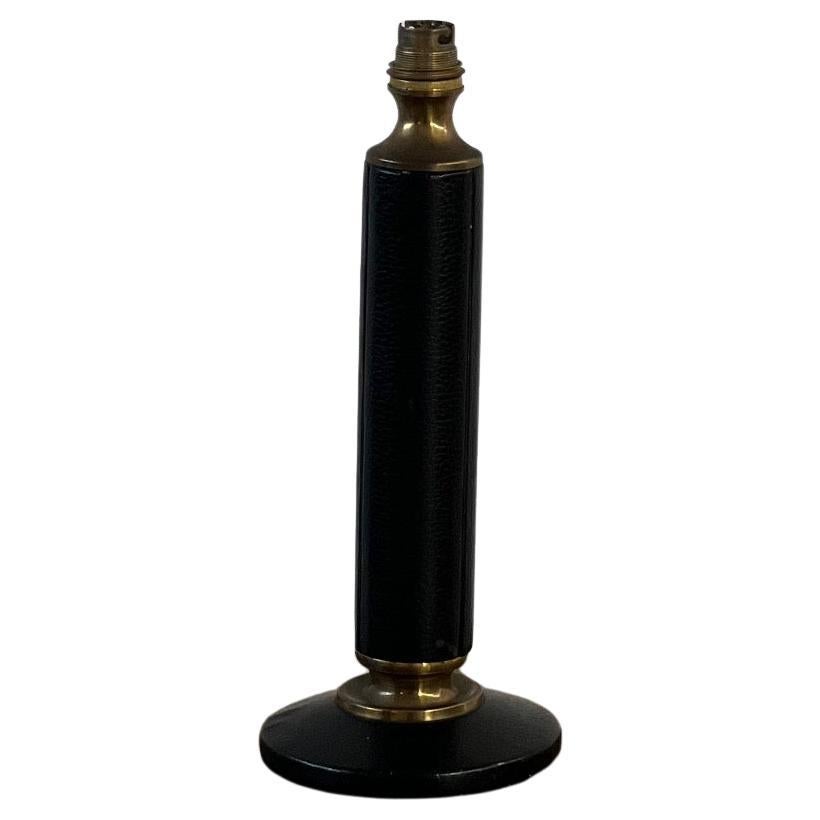 French Mid-Century Black Leather and Brass Table Lamp For Sale