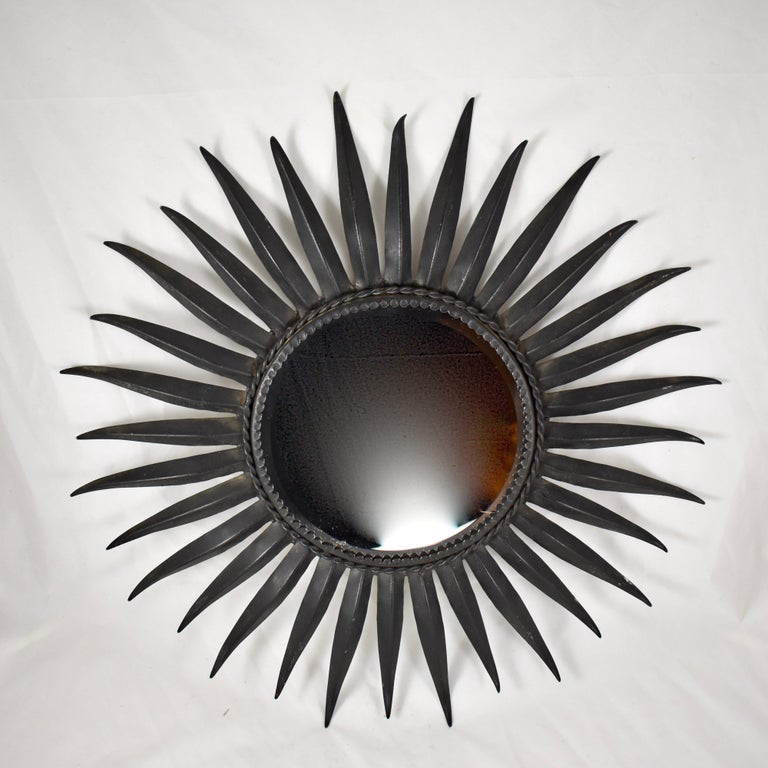 French Midcentury Black Wrought Iron Tapered Ray Sunburst Wall Mirror