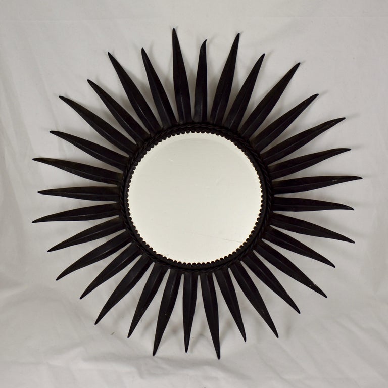 French Midcentury Black Wrought Iron Tapered Ray Sunburst Wall Mirror at 1stDibs
