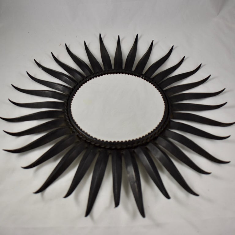 French Midcentury Black Wrought Iron Tapered Ray Sunburst Wall Mirror at 1stDibs