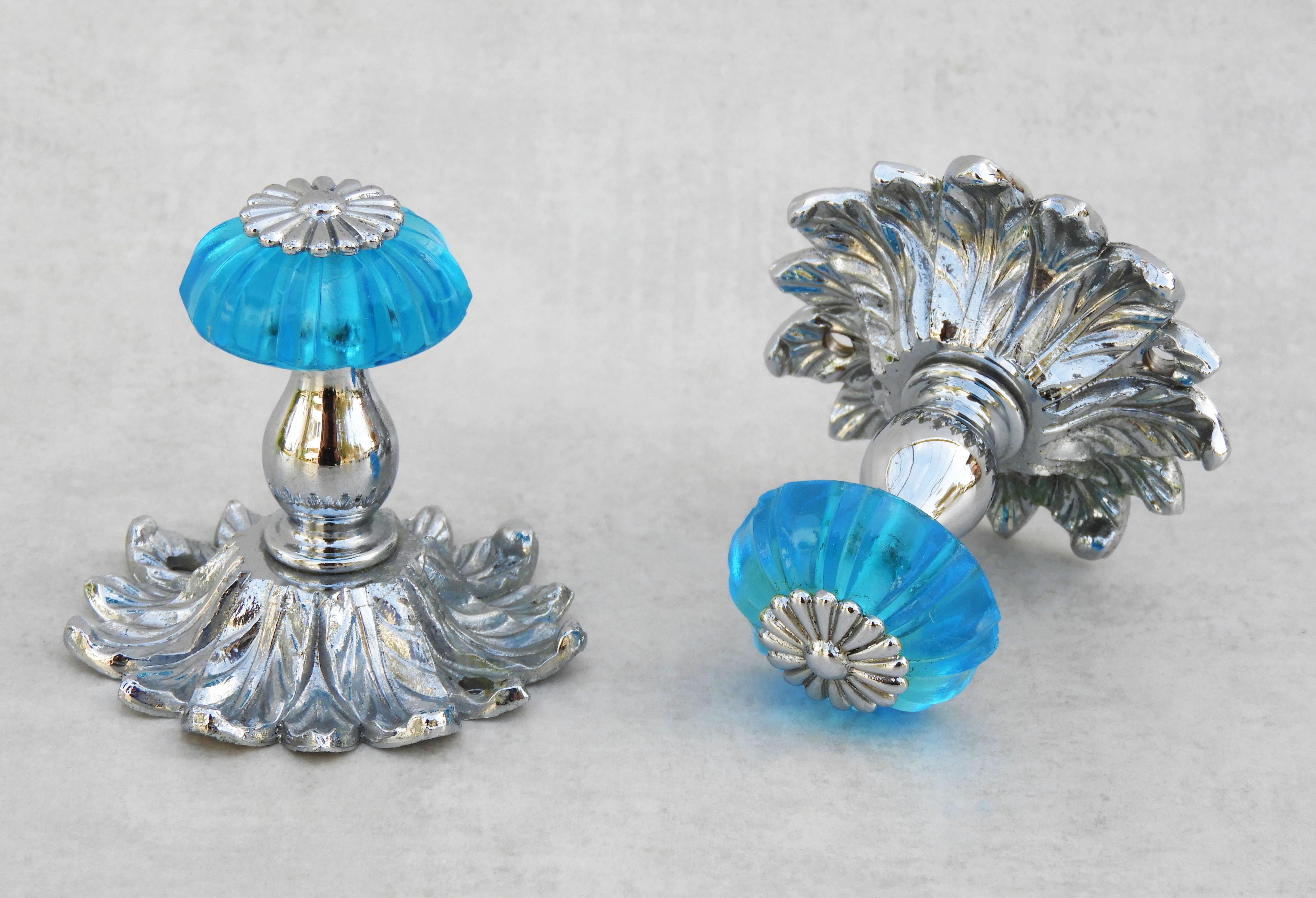 Mid-Century Modern French Mid Century Blue Glass and Chrome Vanity Button Hooks C1960s  For Sale