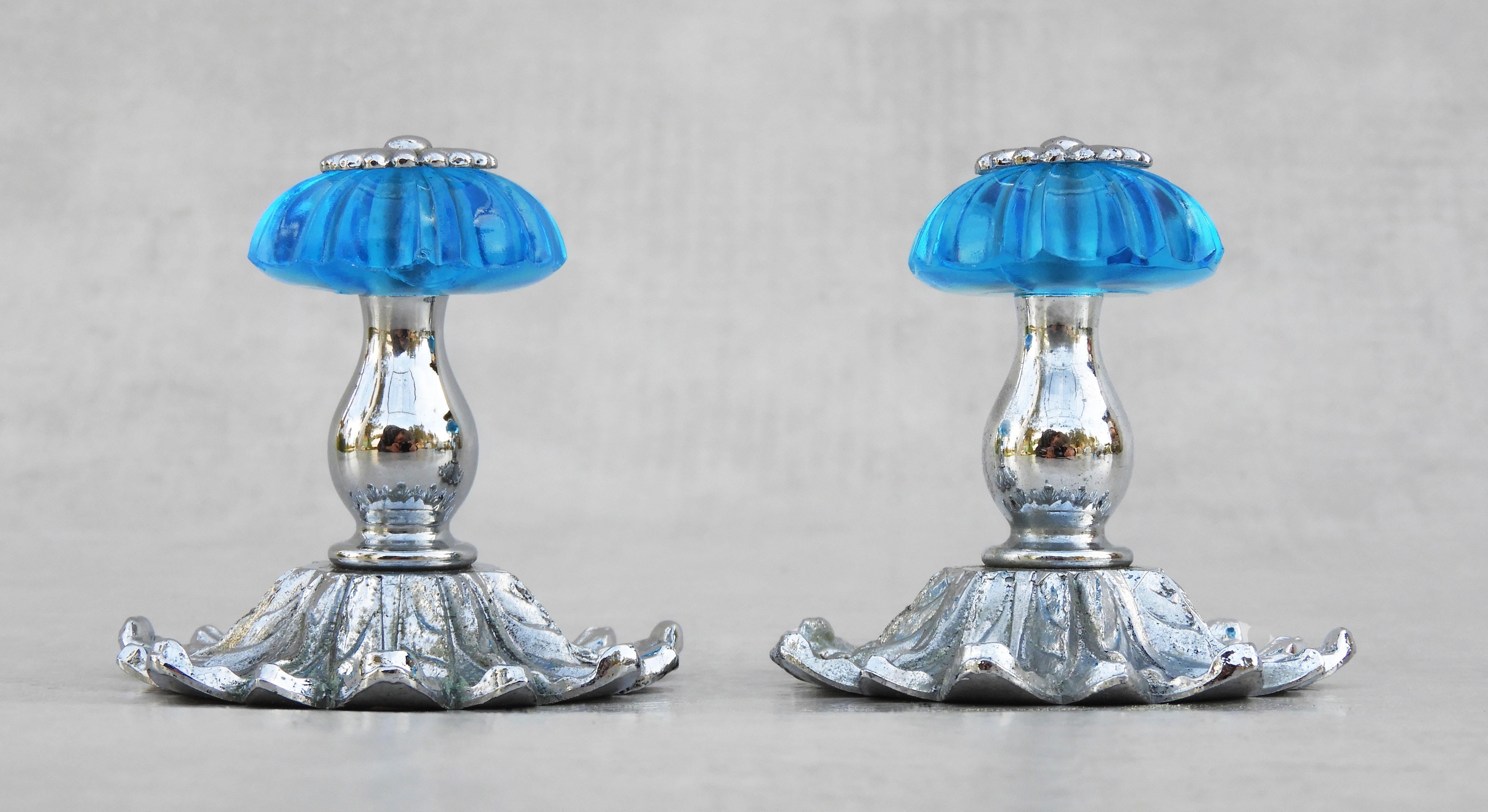 French Mid Century Blue Glass and Chrome Vanity Button Hooks C1960s  In Good Condition For Sale In Trensacq, FR