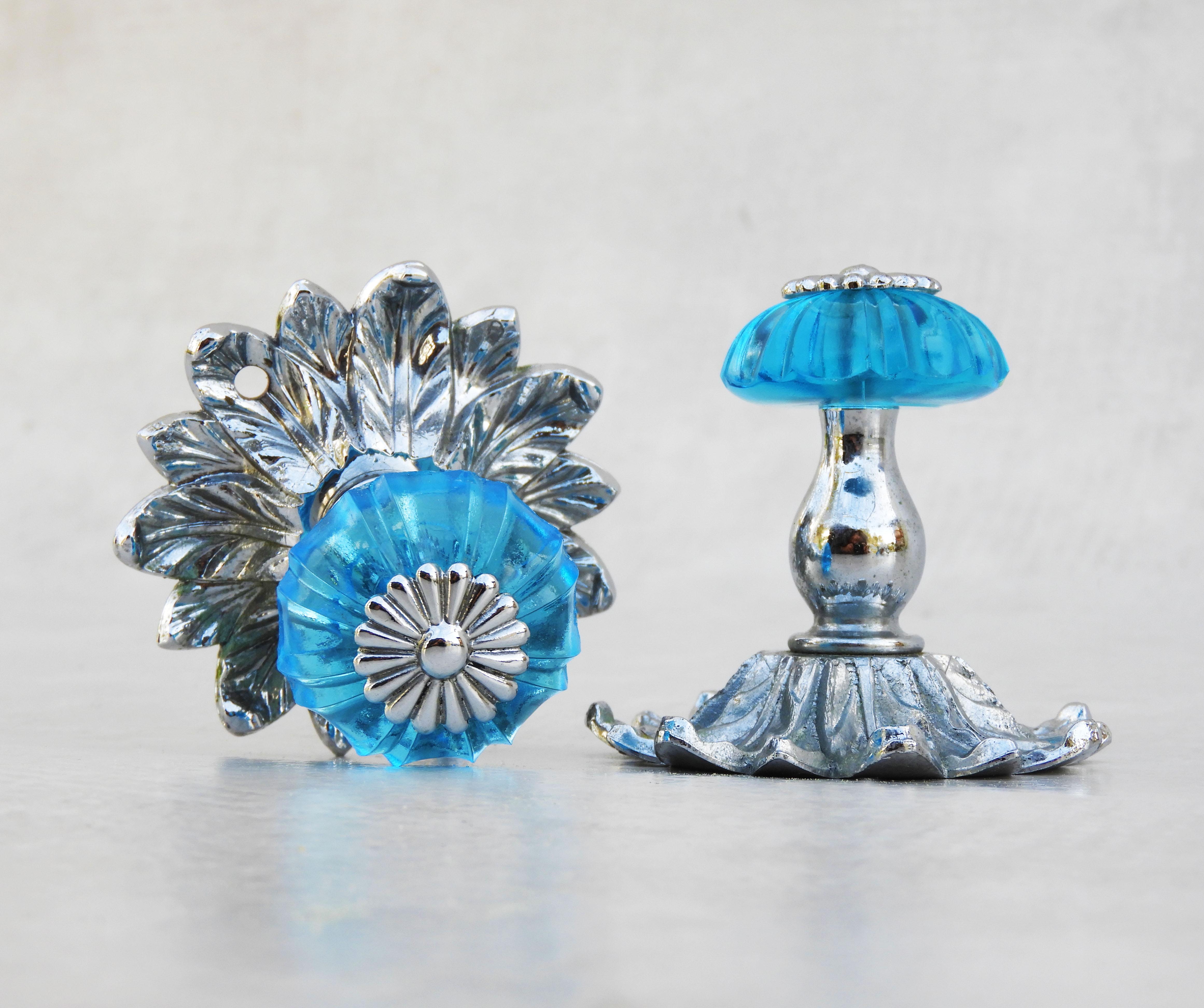 20th Century French Mid Century Blue Glass and Chrome Vanity Button Hooks C1960s  For Sale