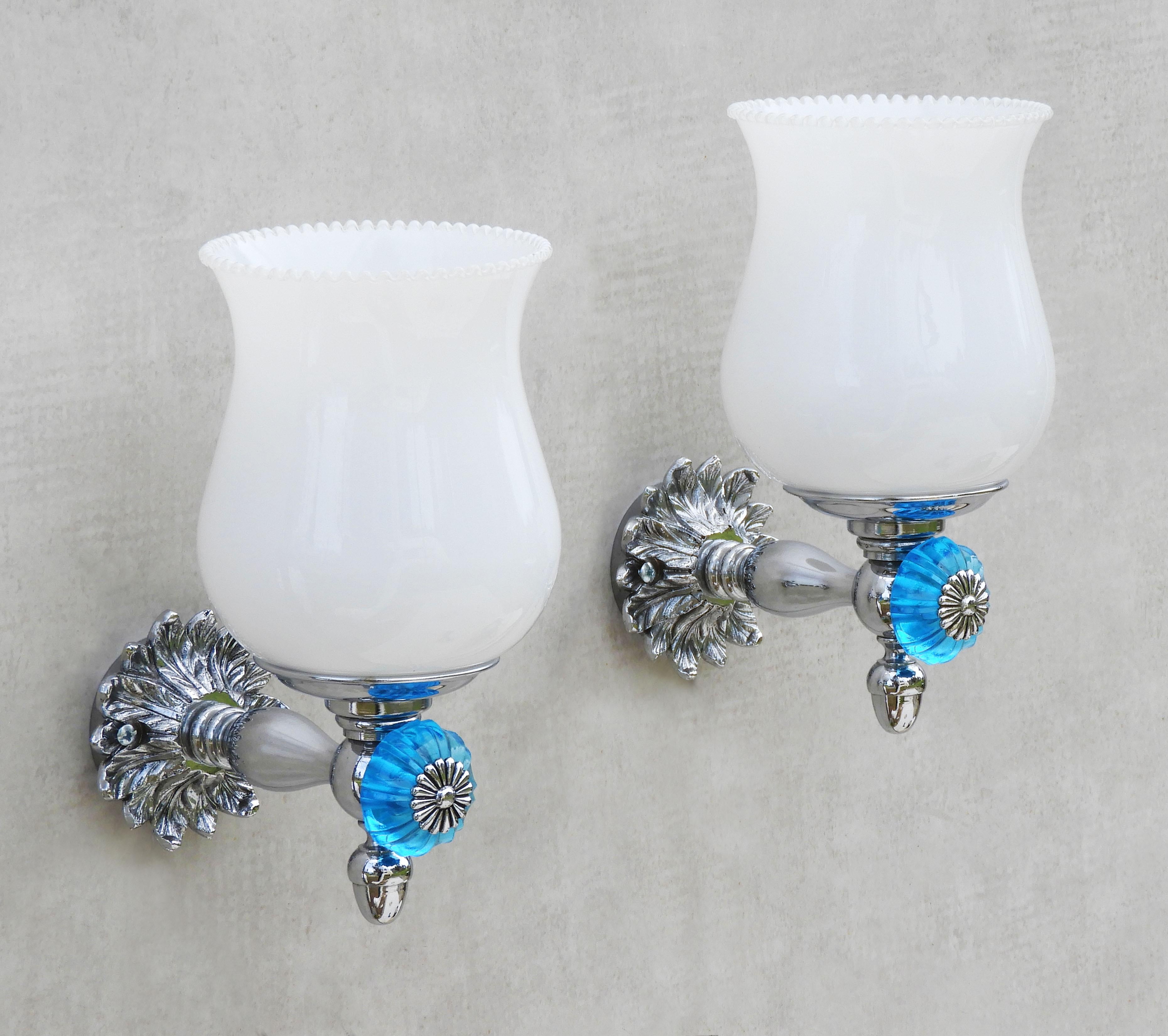 French Mid Century Blue Glass and Chrome Vanity Button Hooks C1960s  For Sale 2