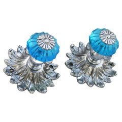 Vintage French Mid Century Blue Glass and Chrome Vanity Button Hooks C1960s