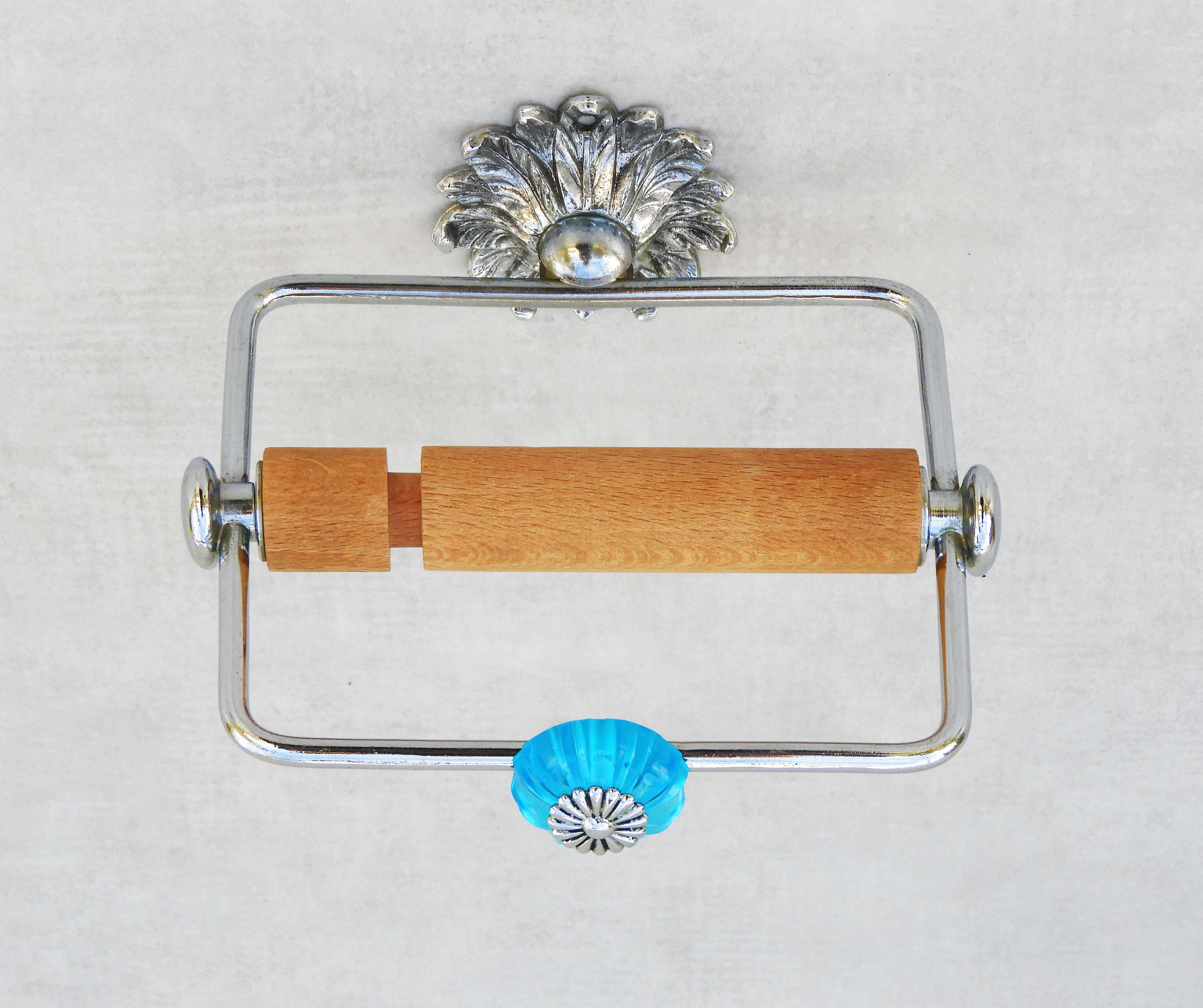 20th Century French Mid Century Blue Glass & Chrome Toilet Paper Holder C1960s  For Sale