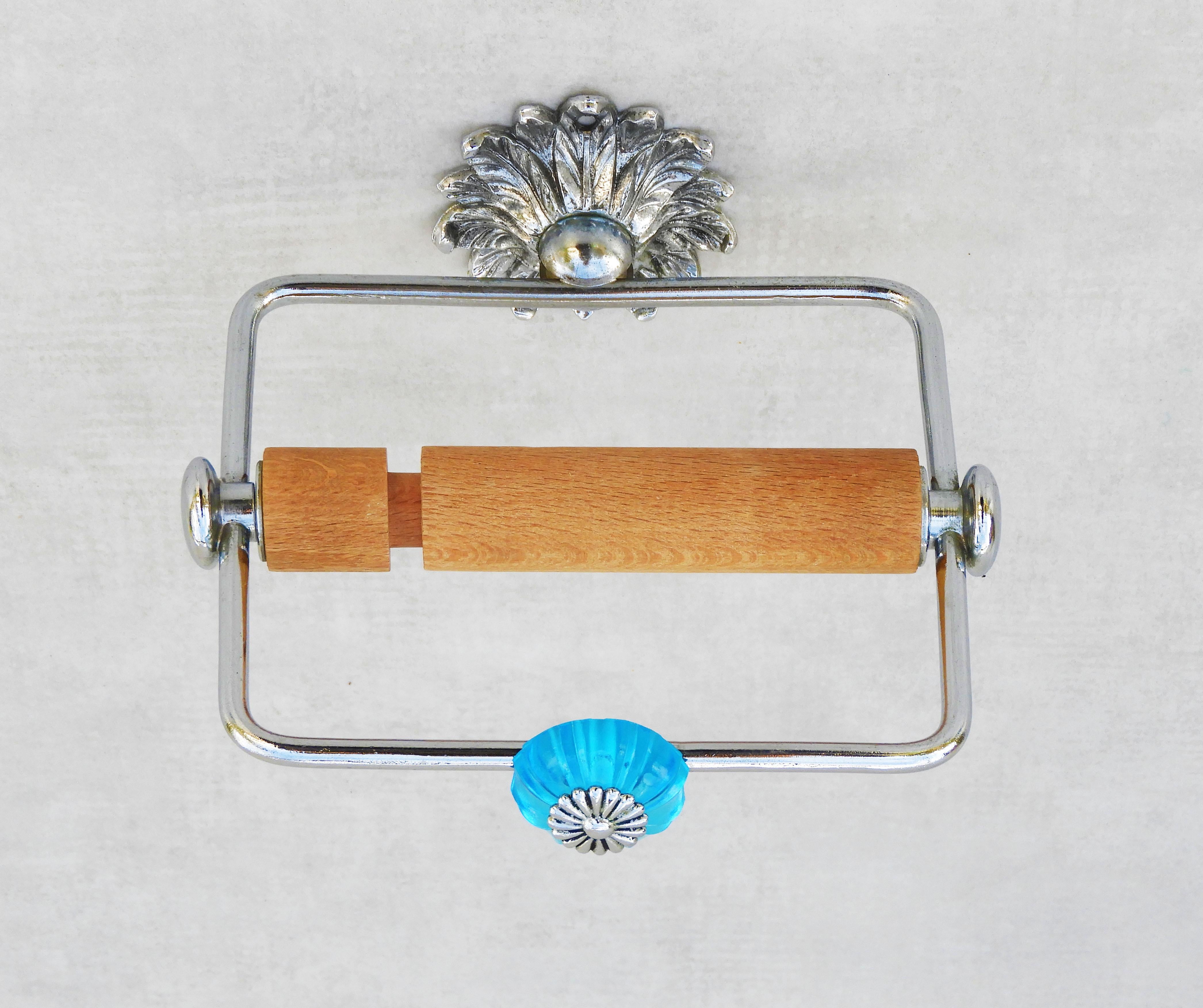 20th Century French Mid Century Blue Glass & Chrome Toilet Paper Holder C1960s