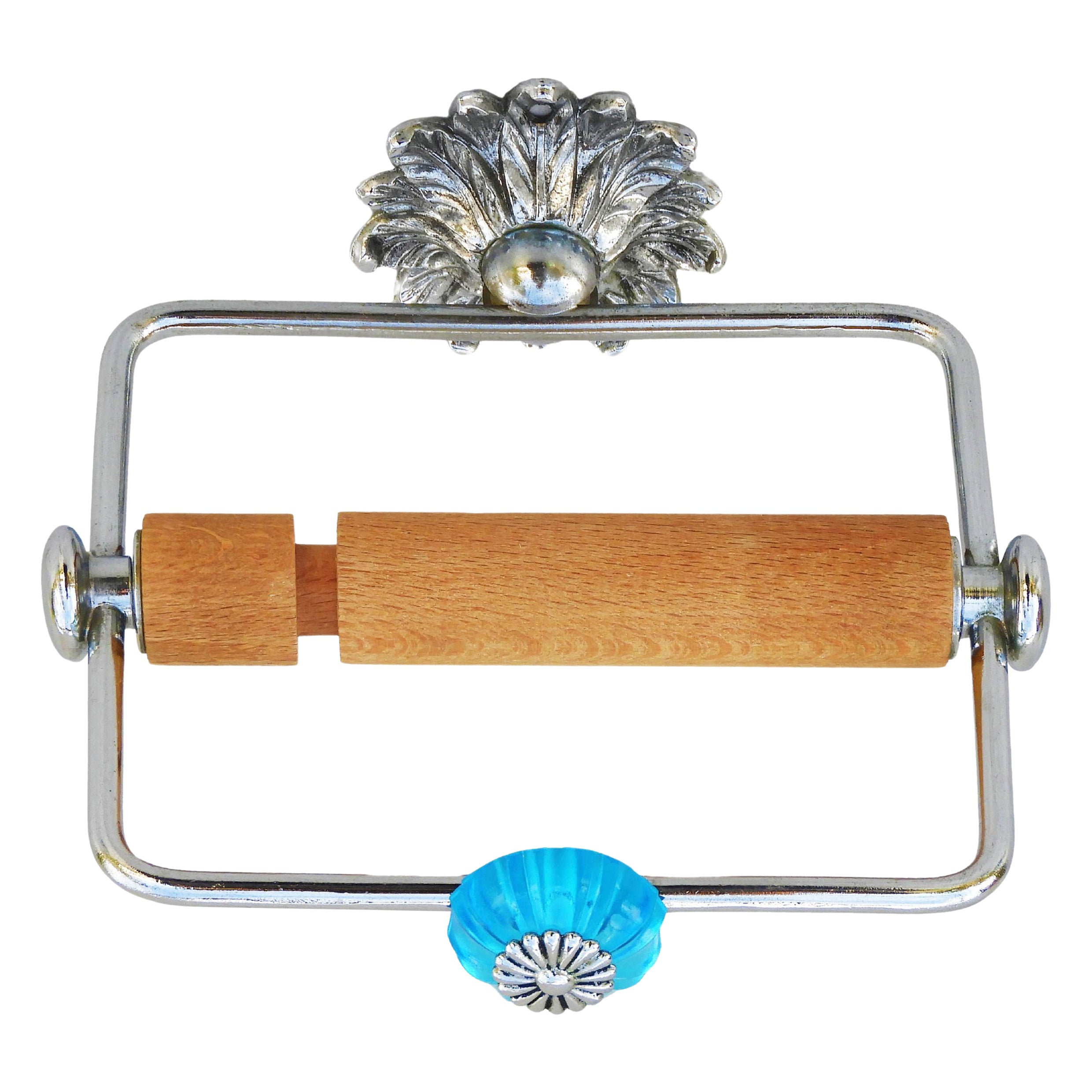 French Mid Century Blue Glass & Chrome Toilet Paper Holder C1960s