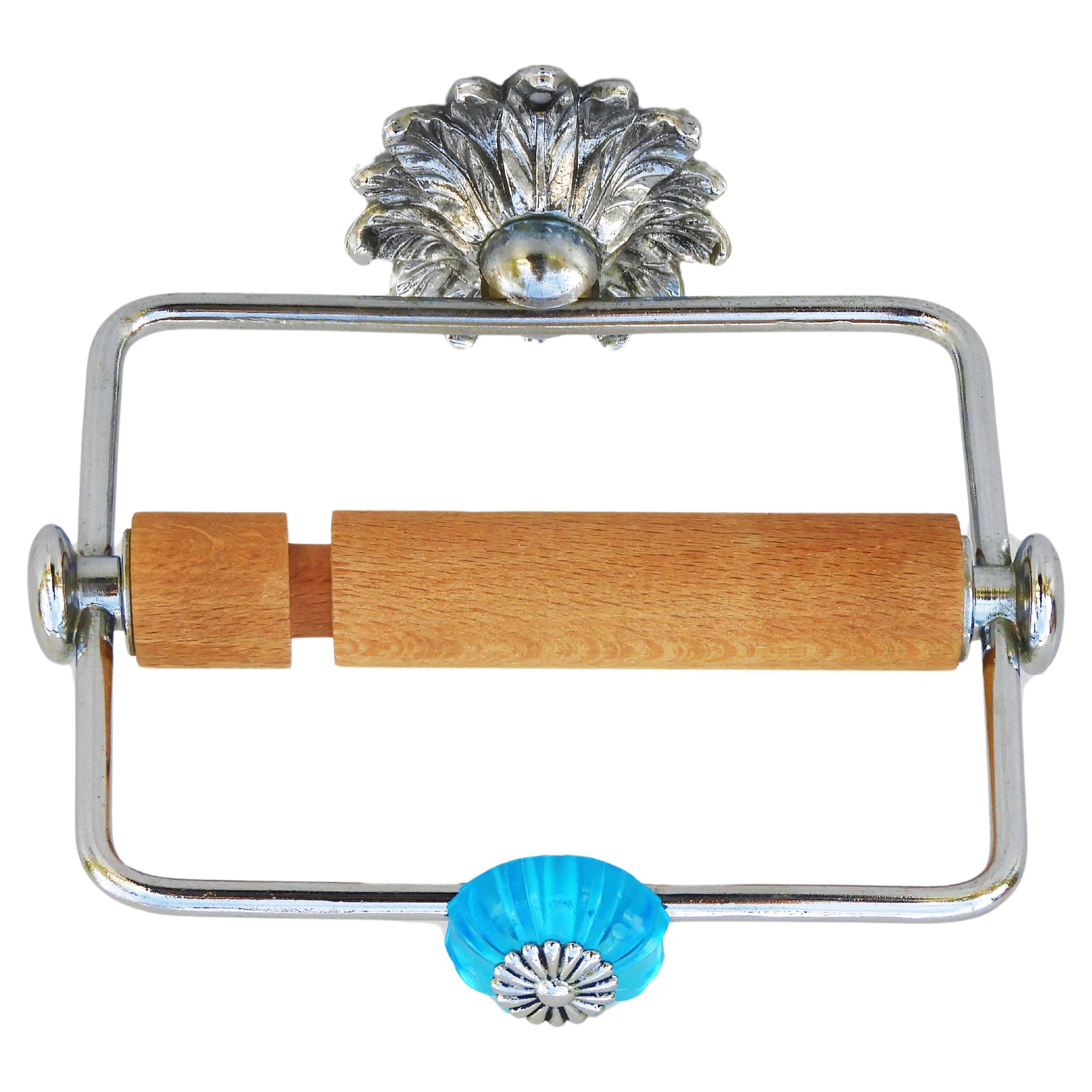 French Mid Century Blue Glass & Chrome Toilet Paper Holder C1960s  For Sale